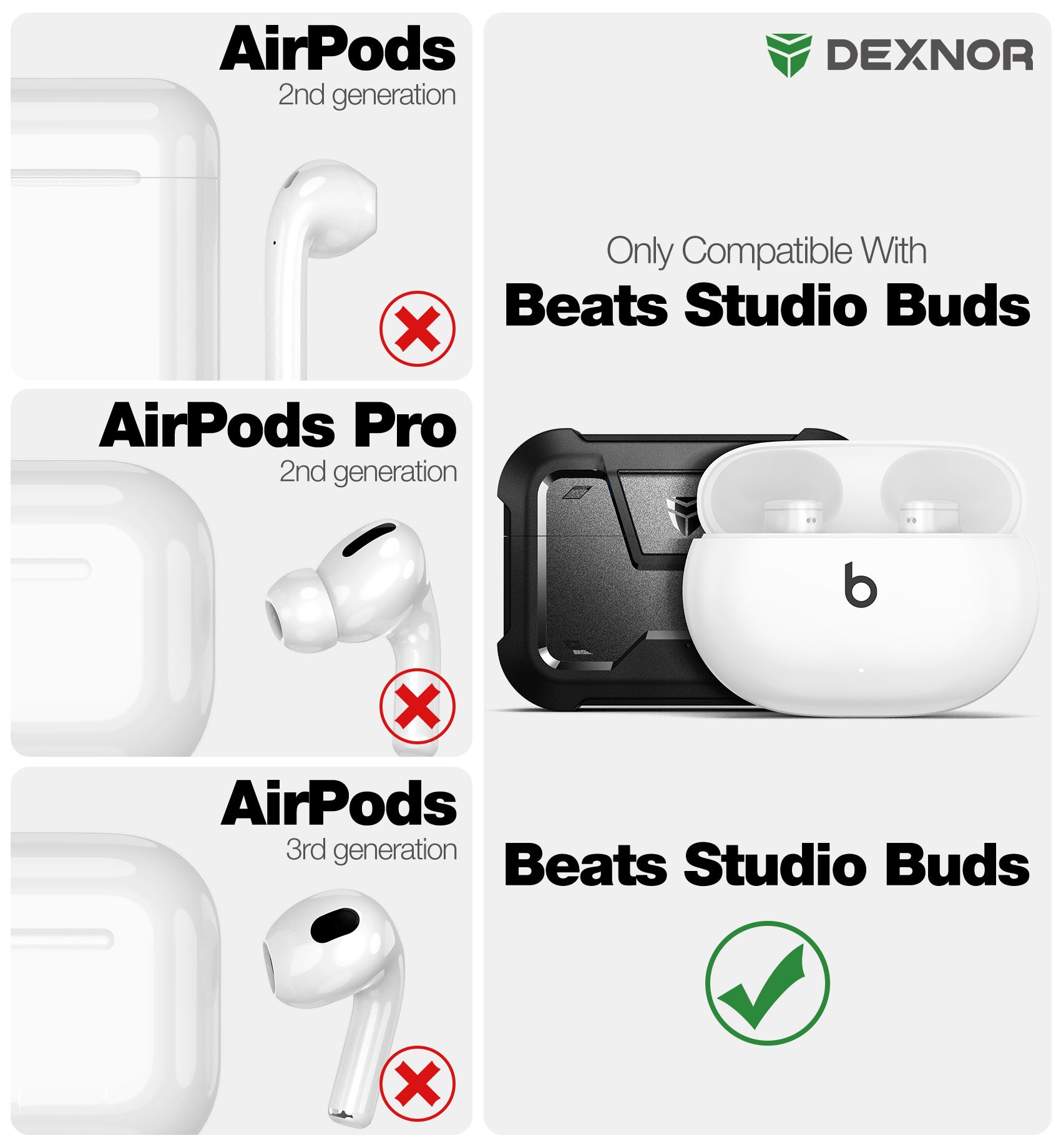 Dexnor Earphone Case for Beats Studio Buds 2021/Buds + 2023 with Secure Lock and Carabiner Full Body Bumper Shockproof Rugged Cover