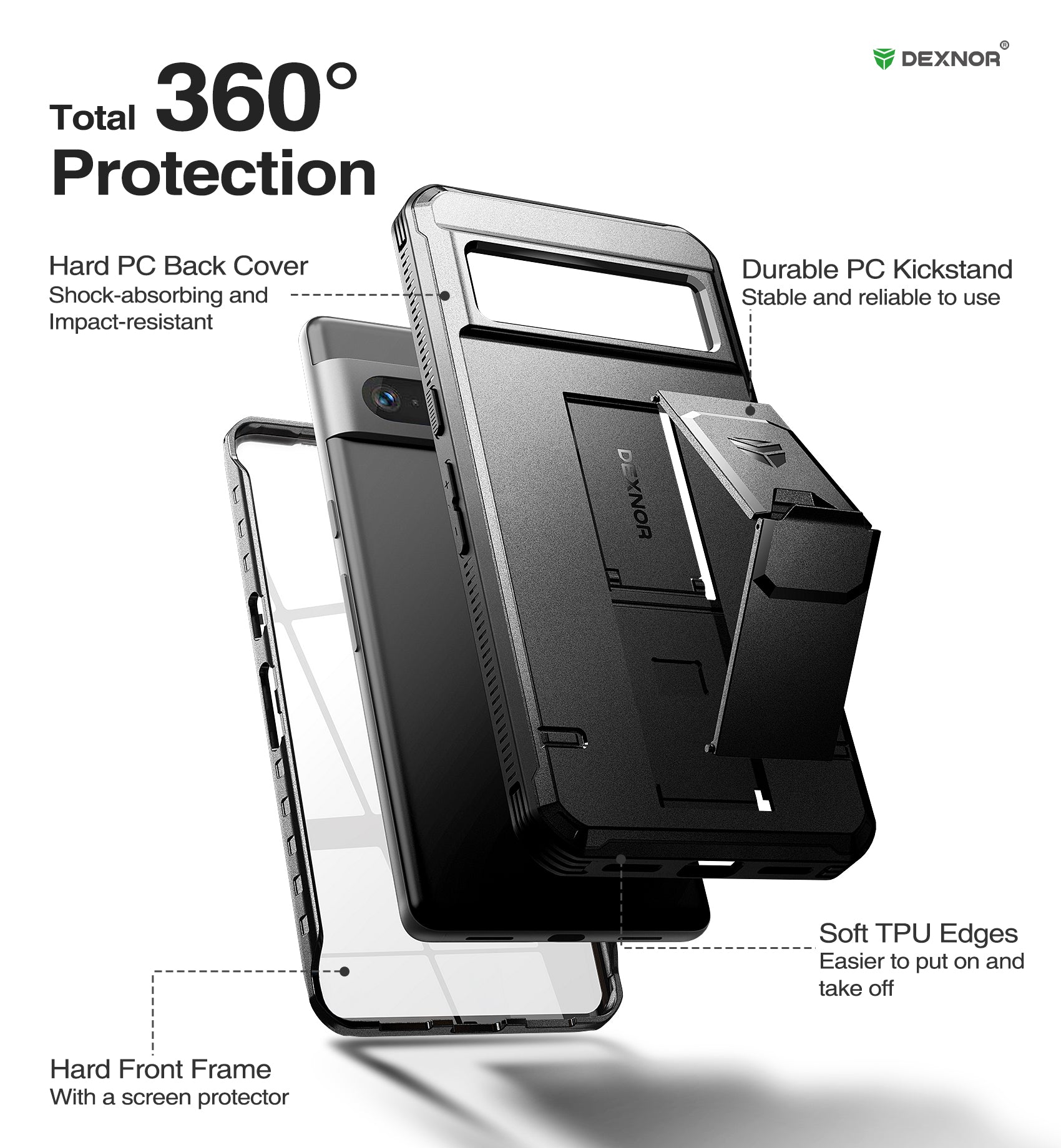 Dexnor Case for Google Pixel 7 Pro With Screen Protector Full Body Bumper Kickstand Heavy-duty Shockproof Rugged Cover.