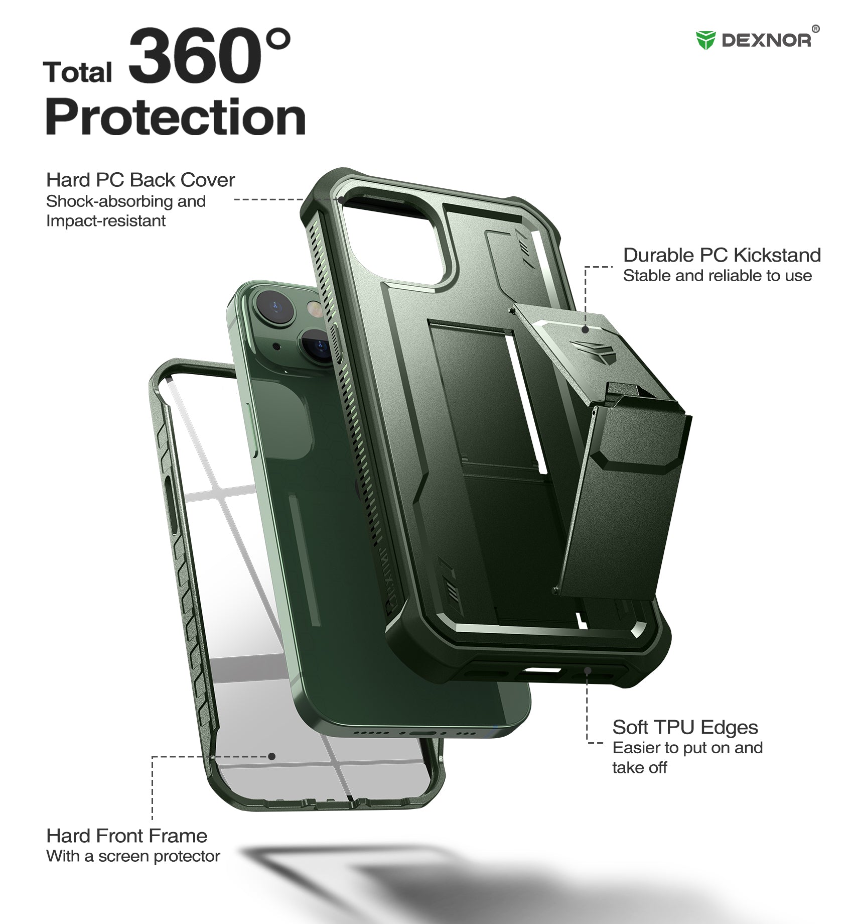 Dexnor for iphone 14/13 Case With Heavy-duty Shockproof Full Body Built-in Screen Protector Adjustable Kickstand