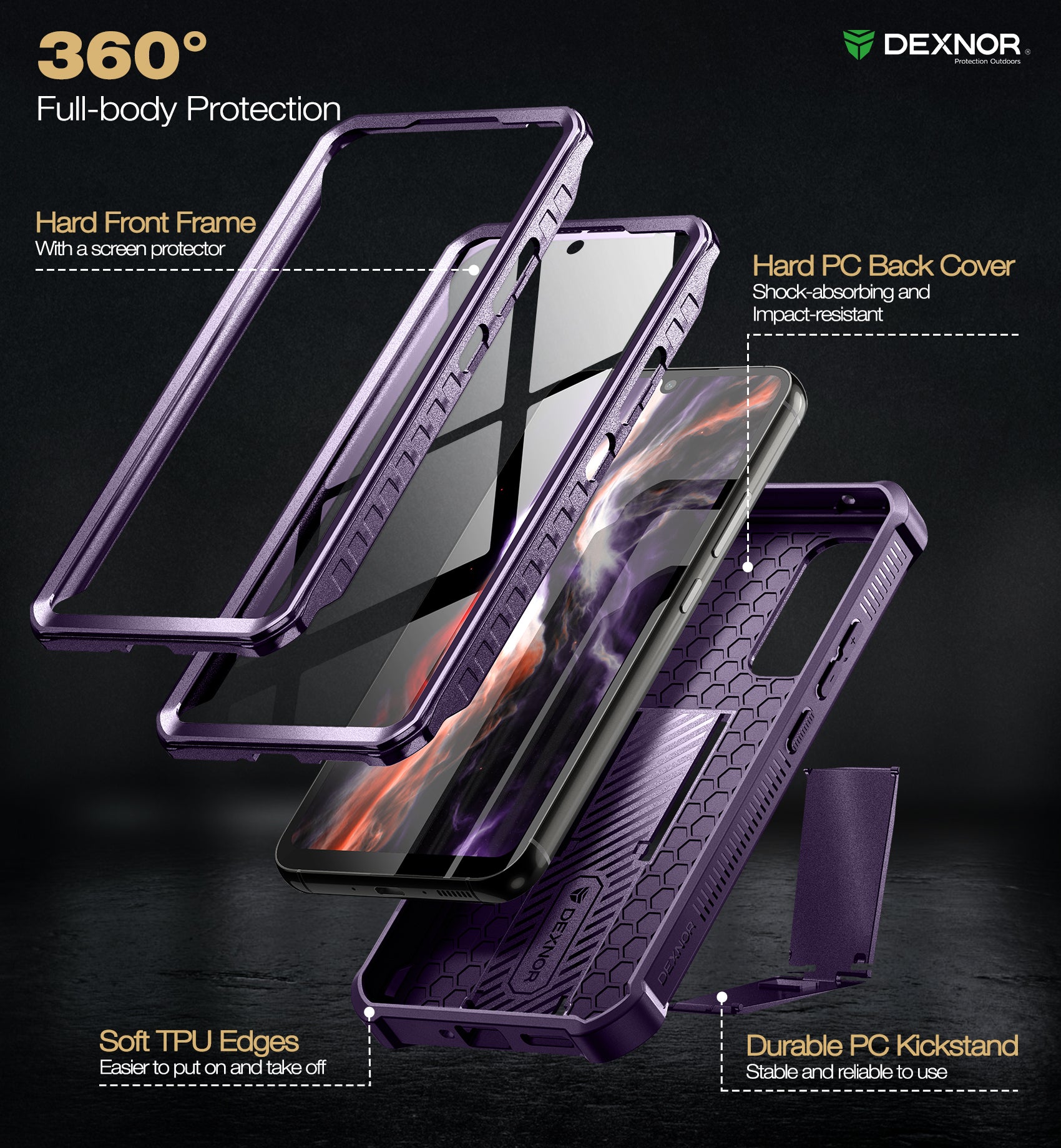 Dexnor Case for Samsung Galaxy A34 5G With Screen Protector Full Body Bumper Kickstand Heavy-duty Shockproof Rugged Cover.