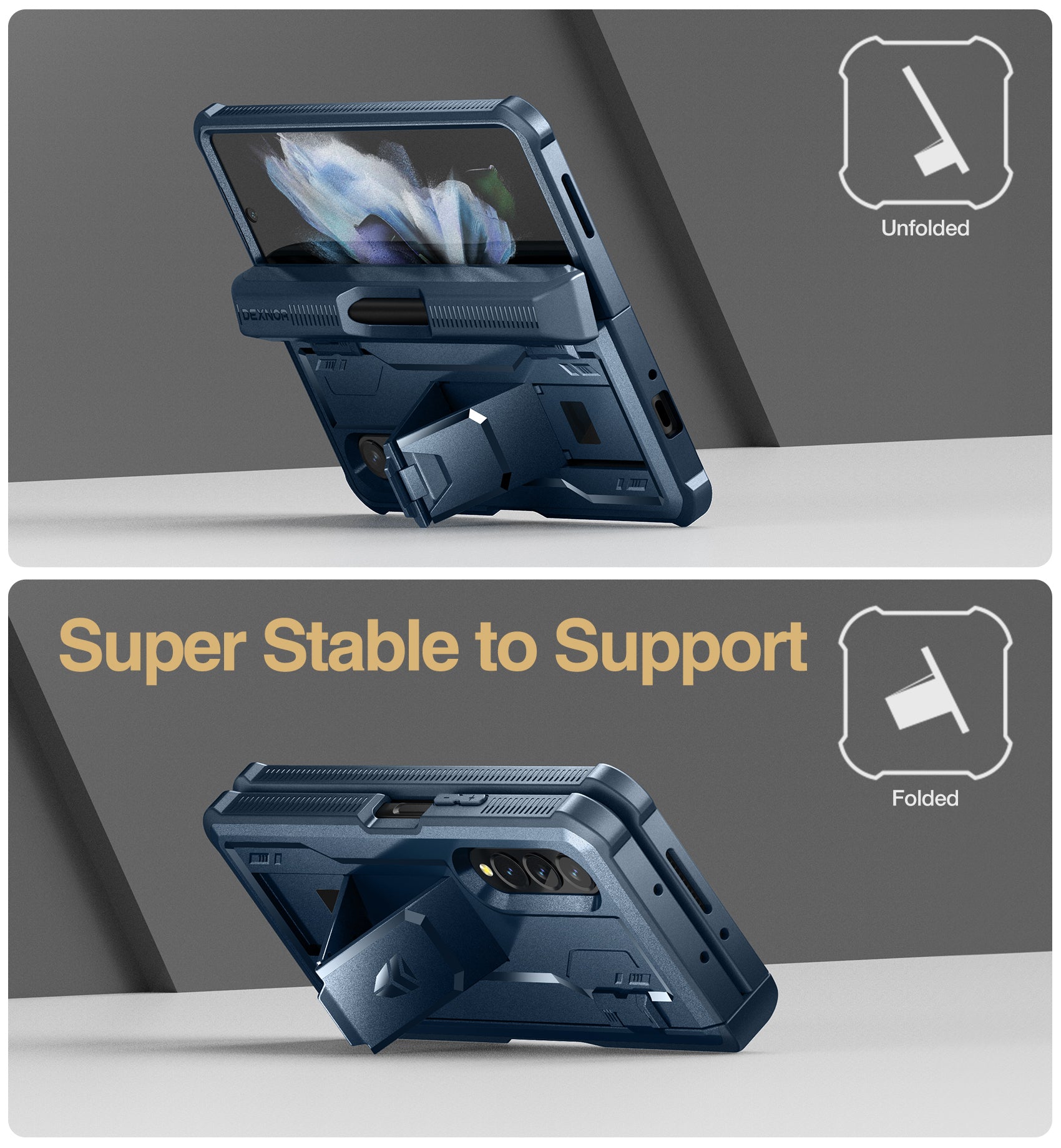 Dexnor Case for Samsung Galaxy Z Fold 3 With Hinge Coverage Screen Protector Full Body Bumper Kickstand Heavy-duty Shockproof Rugged Cover.