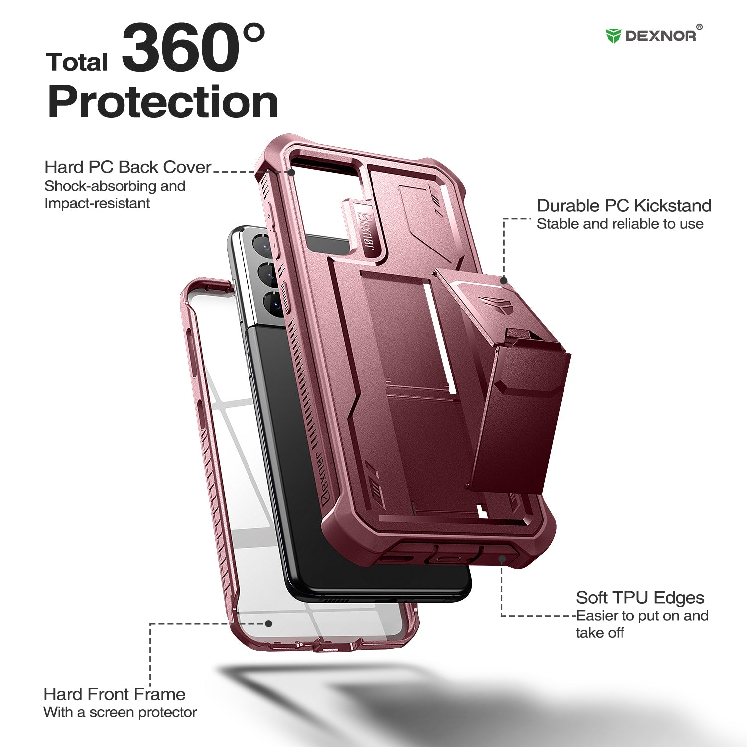 Dexnor Case for Samsung Galaxy S21 With Single Screen Protector Full Body Bumper Kickstand Heavy-duty Shockproof Rugged Cover.