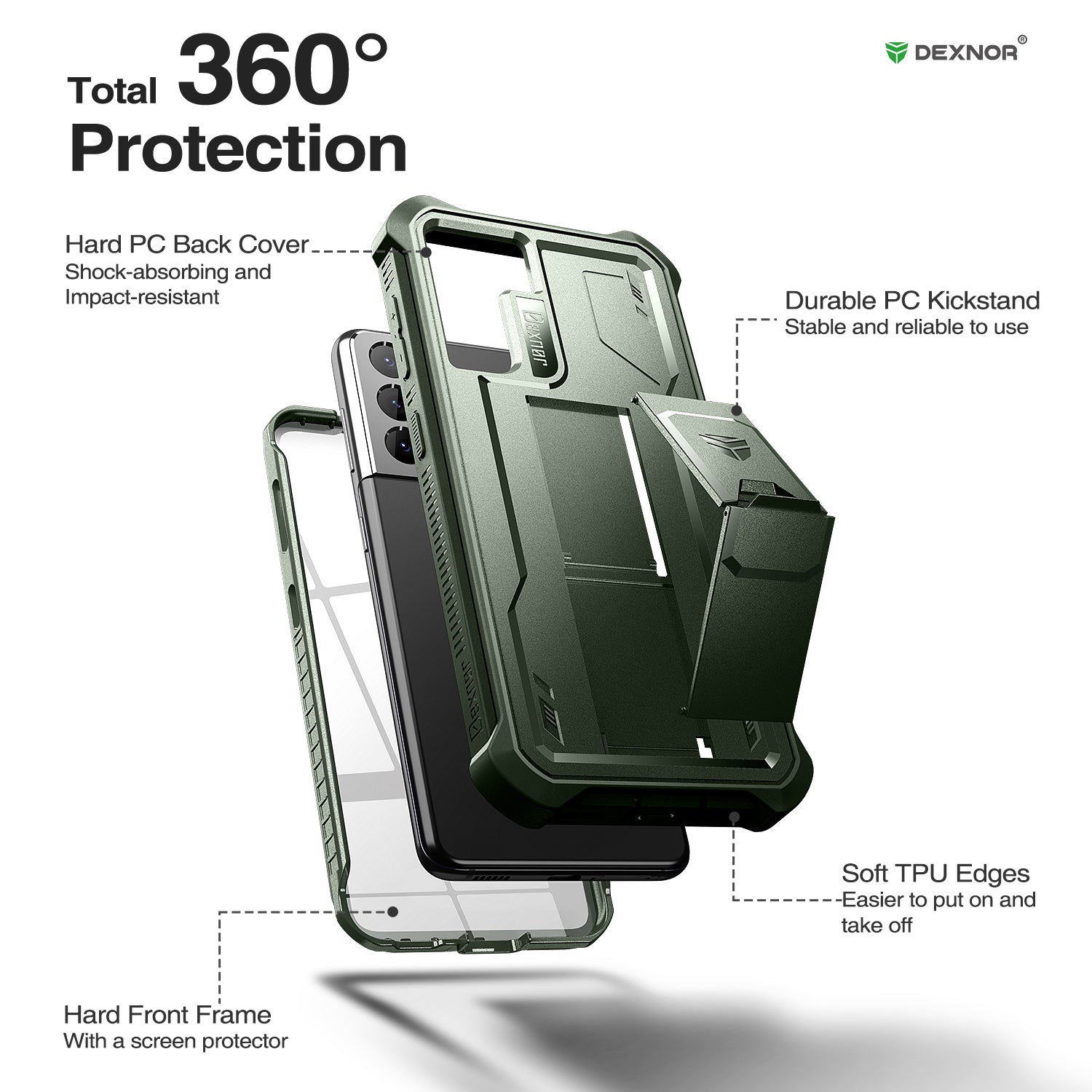 Dexnor Case for Samsung Galaxy S21 With Single Screen Protector Full Body Bumper Kickstand Heavy-duty Shockproof Rugged Cover.