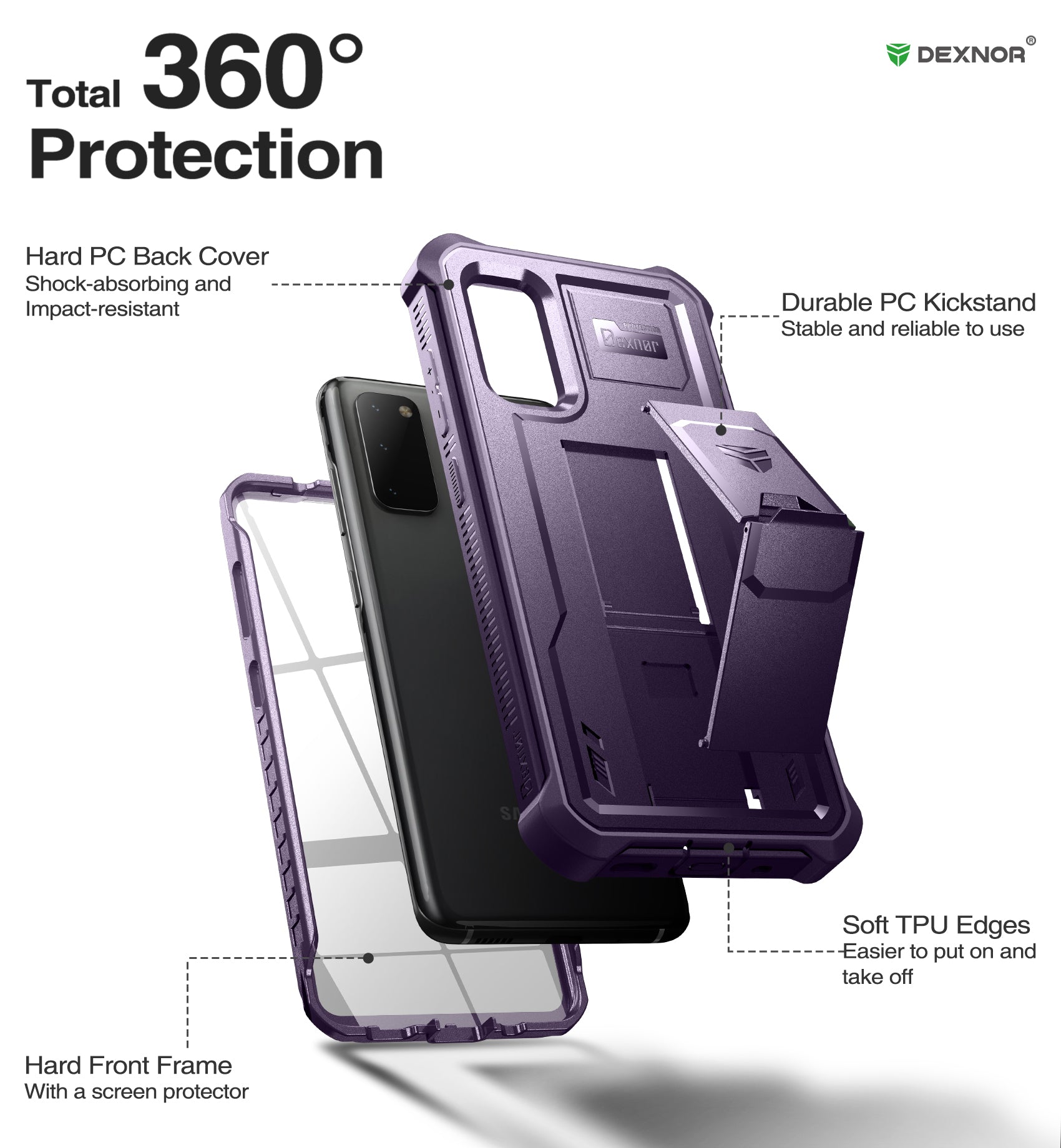Dexnor Case for Samsung Galaxy S20 With Single Screen Protector Full Body Bumper Kickstand Heavy-duty Shockproof Rugged Cover.