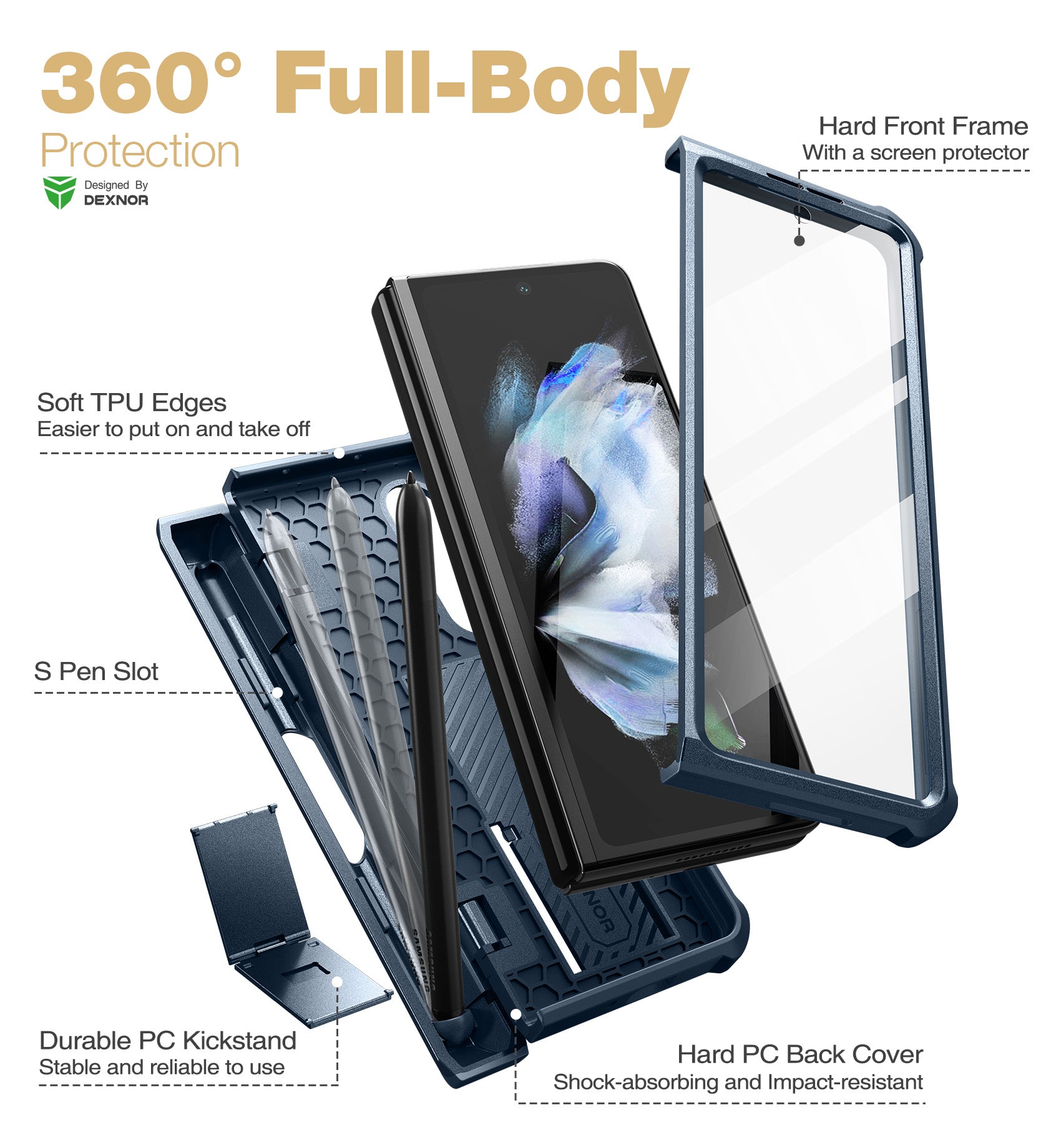 Dexnor Case for Samsung Galaxy Z Fold 3 With Hinge Coverage Screen Protector Full Body Bumper Kickstand Heavy-duty Shockproof Rugged Cover.