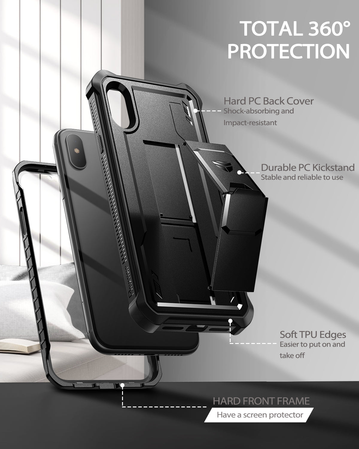 Dexnor Case for iPhone XS Max With Screen Protector Full Body Bumper Kickstand Heavy-duty Shockproof Rugged Cover.