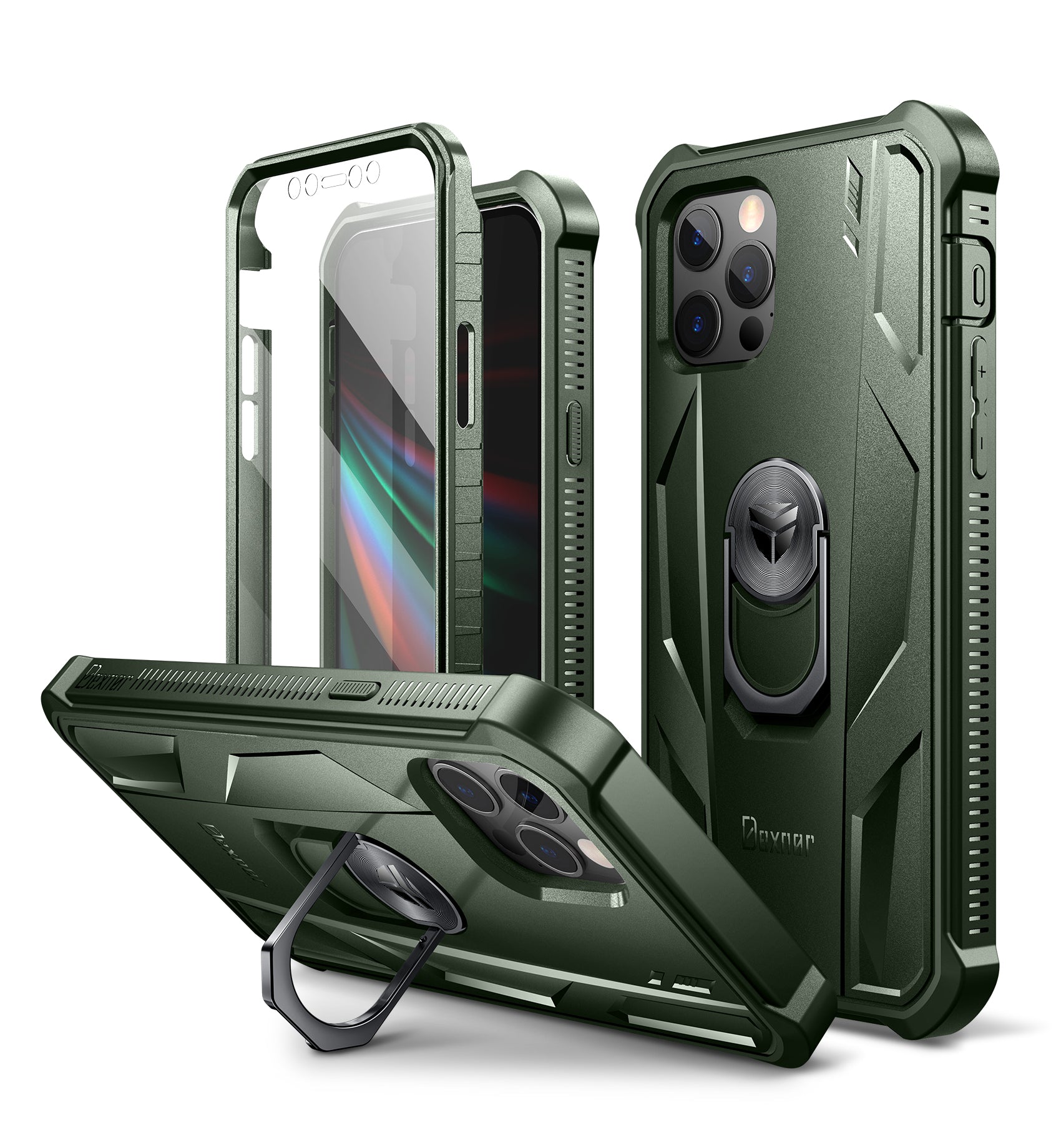 Dexnor Rugged Full Body Case for iPhone 12/12 Pro with Screen Protector & Ring Kickstand Car Mount, Slim Shockproof Protective Bumper Cover with Anti Dust Plugs.