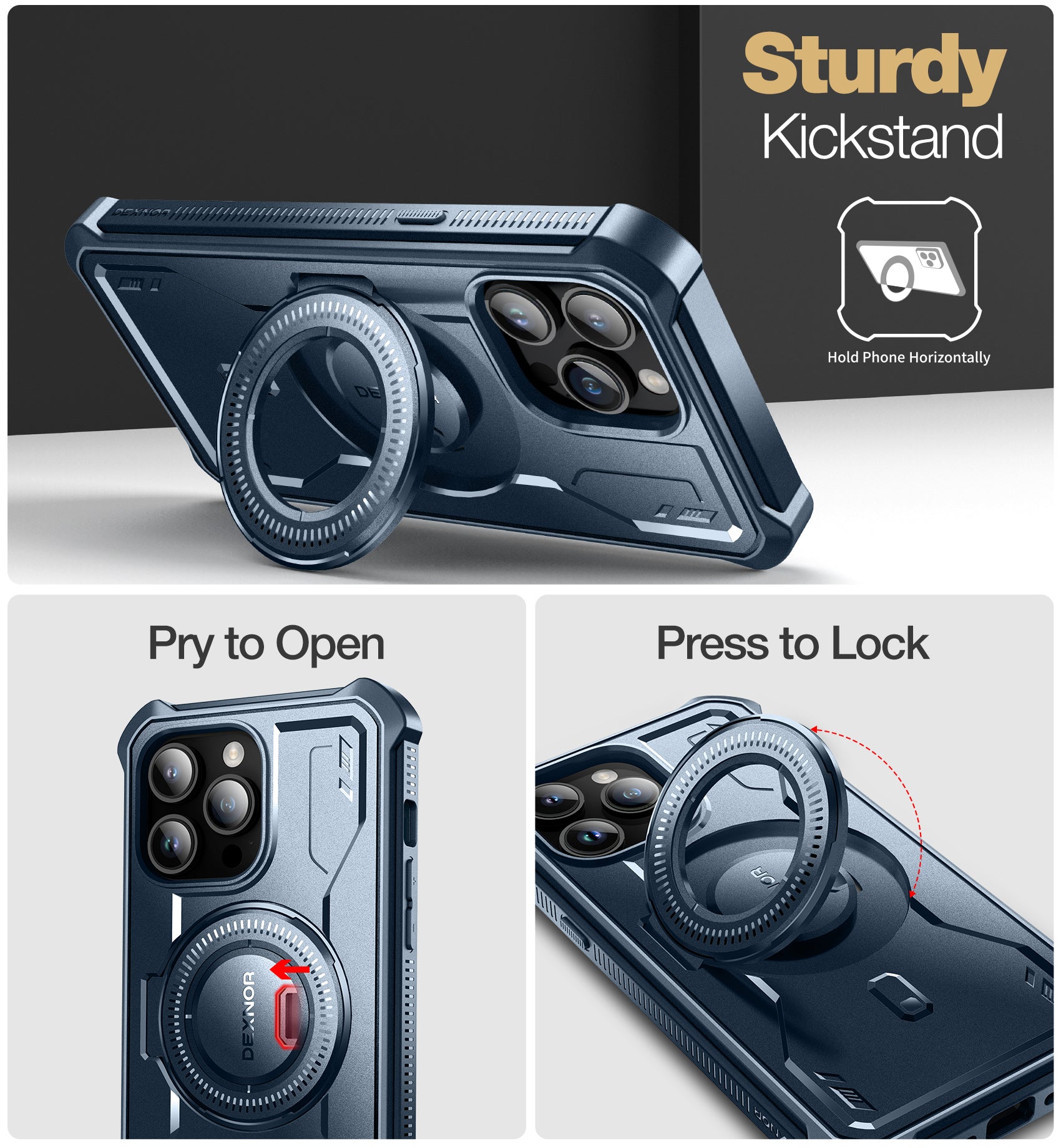 Dexnor for iphone 14 Pro Max Case Heavy-duty Shockproof Full Body Built-in Screen Protector Adjustable Kickstand