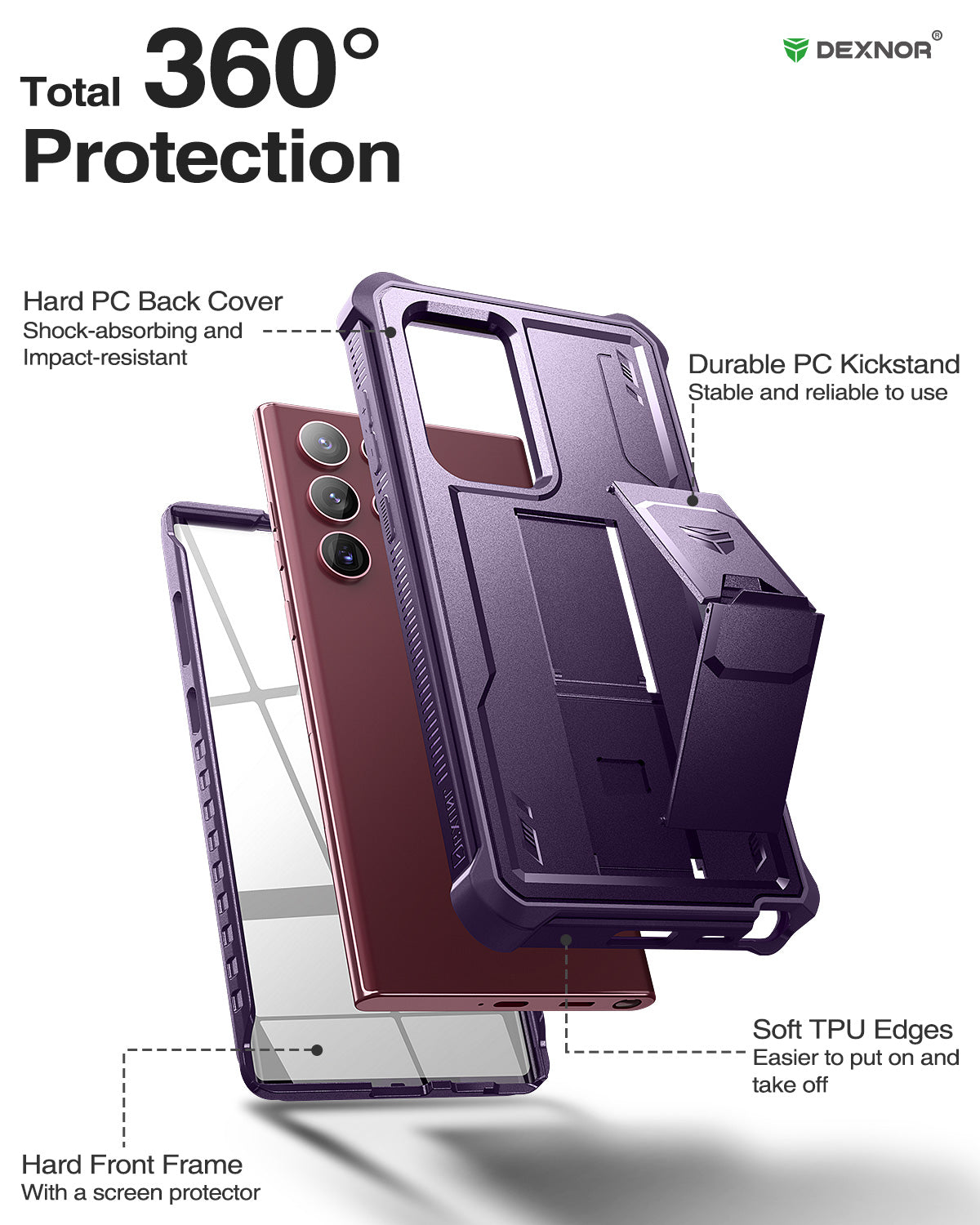 Dexnor Case for Samsung Galaxy S22 Ultra With Screen Protector Full Body Bumper Kickstand Heavy-duty Shockproof Rugged Cover.