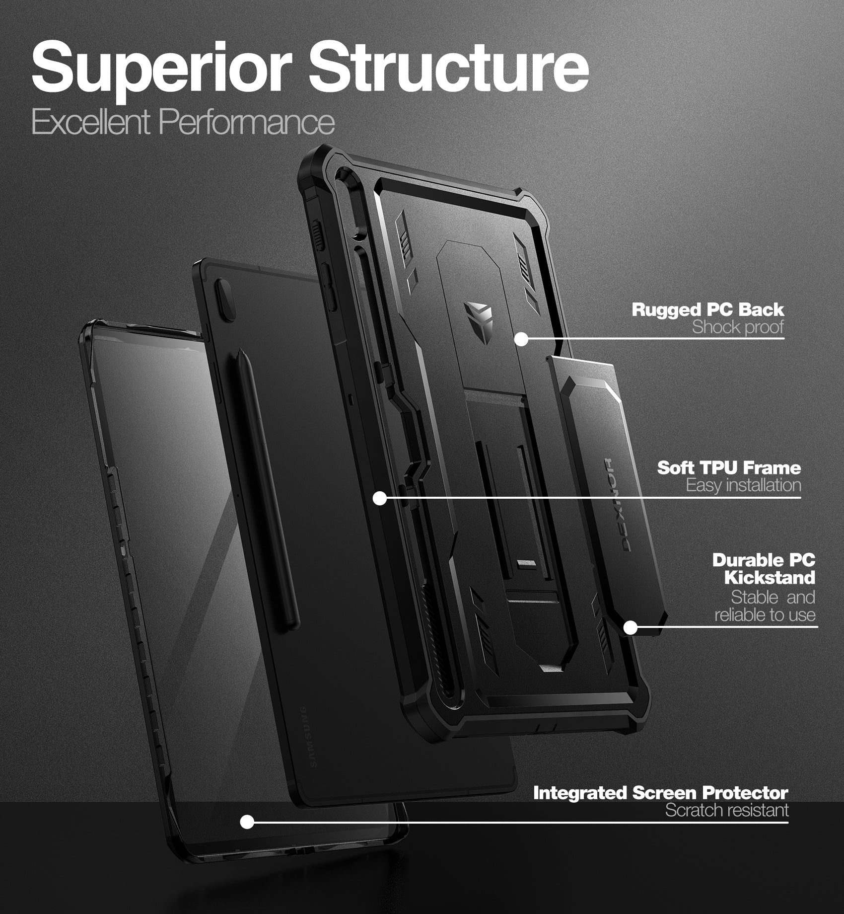 Dexnor Tablet Case for Samsung Galaxy Tab S7 Plus/S8 Plus With Screen Protector Full Body Bumper Kickstand Heavy-duty Shockproof Rugged Pen Holder Cover.