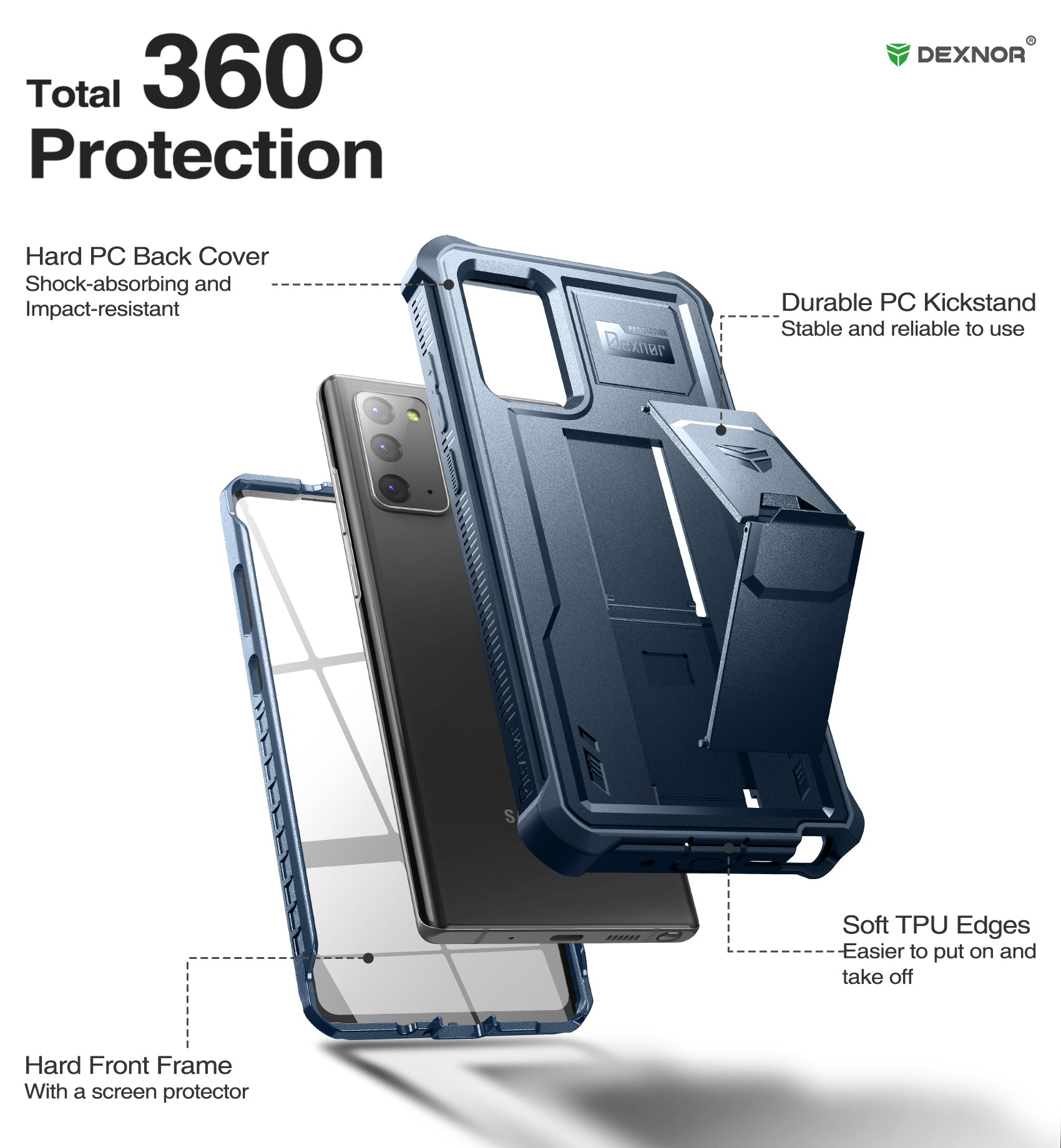 Dexnor Case for Samsung Galaxy Note 20 With Single Screen Protector Full Body Bumper Kickstand Heavy-duty Shockproof Rugged Cover.