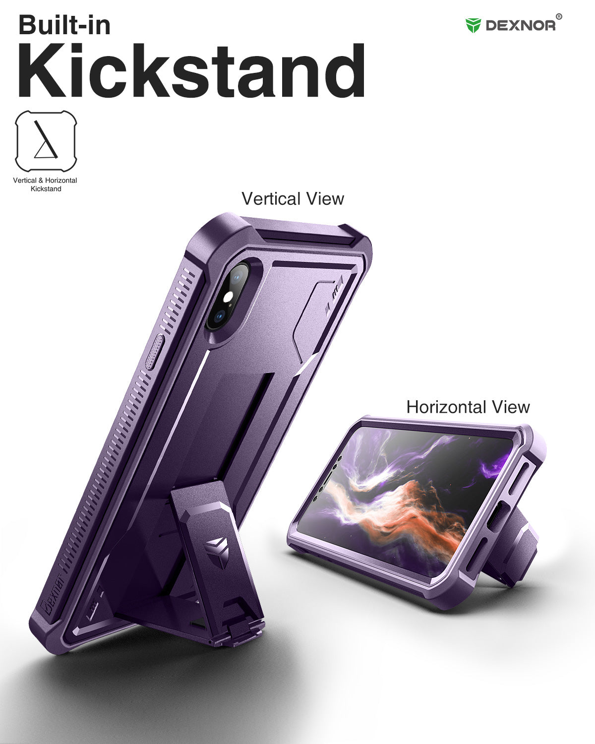 Dexnor Case for iPhone XS Max With Screen Protector Full Body Bumper Kickstand Heavy-duty Shockproof Rugged Cover.