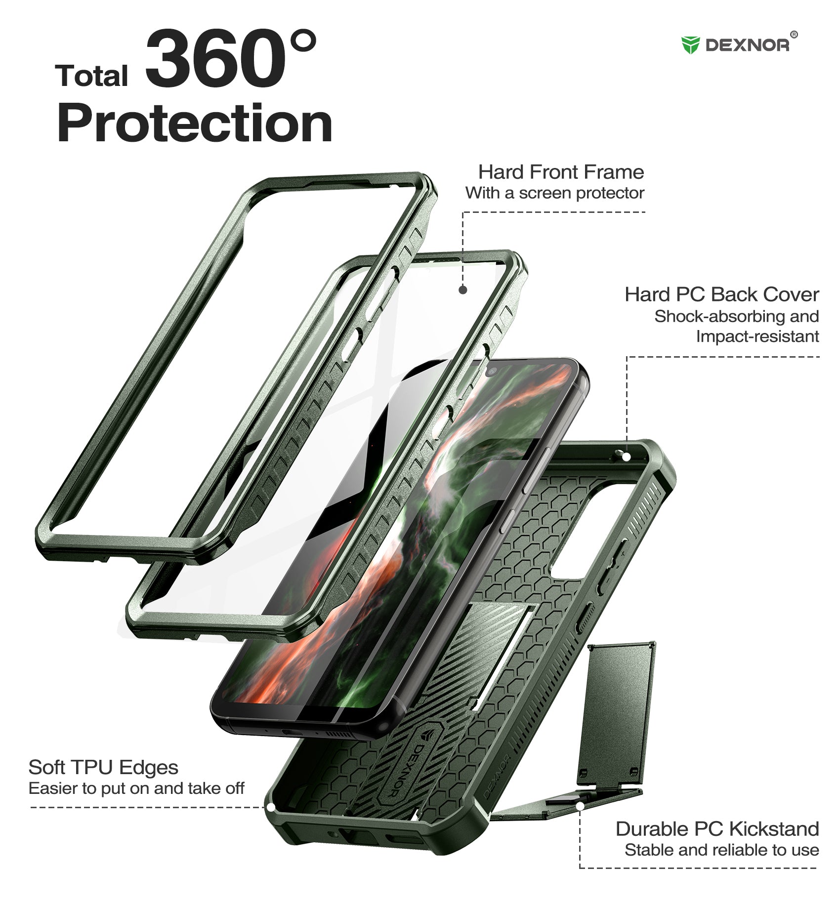 Dexnor Case for Samsung Galaxy A34 5G With Screen Protector Full Body Bumper Kickstand Heavy-duty Shockproof Rugged Cover.