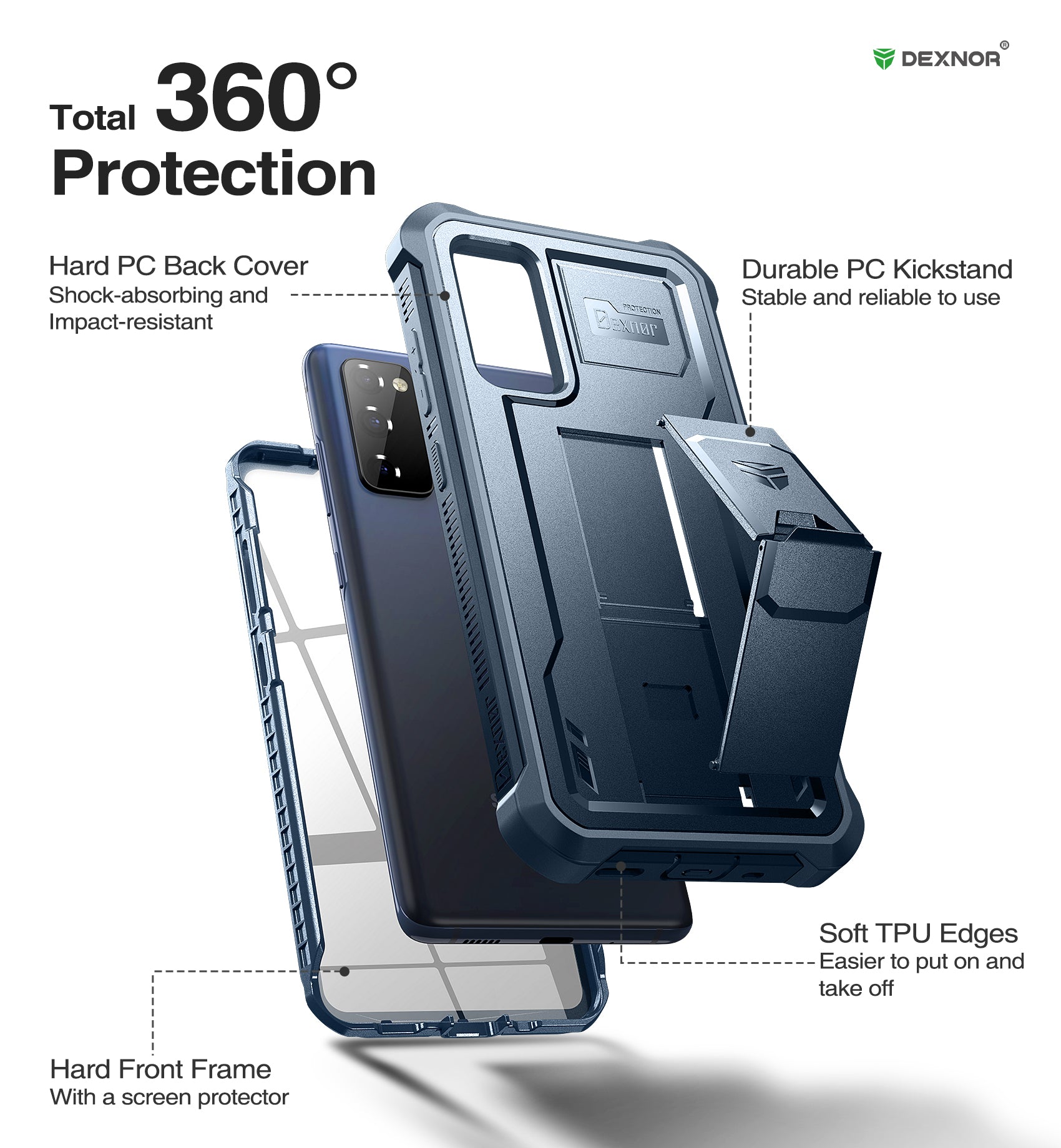 Dexnor Case for Samsung Galaxy S20 FE With Single Screen Protector Full Body Bumper Kickstand Heavy-duty Shockproof Rugged Cover