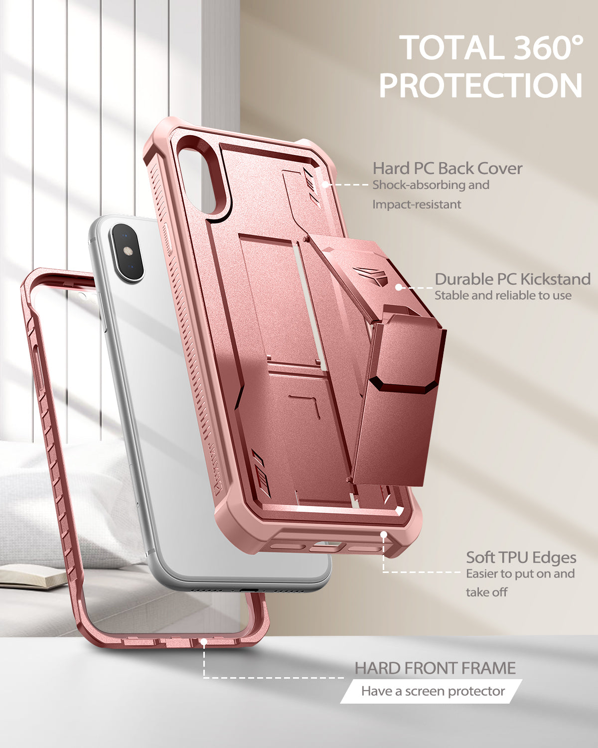 Dexnor Case for iPhone XS Max With Screen Protector Full Body Bumper Kickstand Heavy-duty Shockproof Rugged Cover.