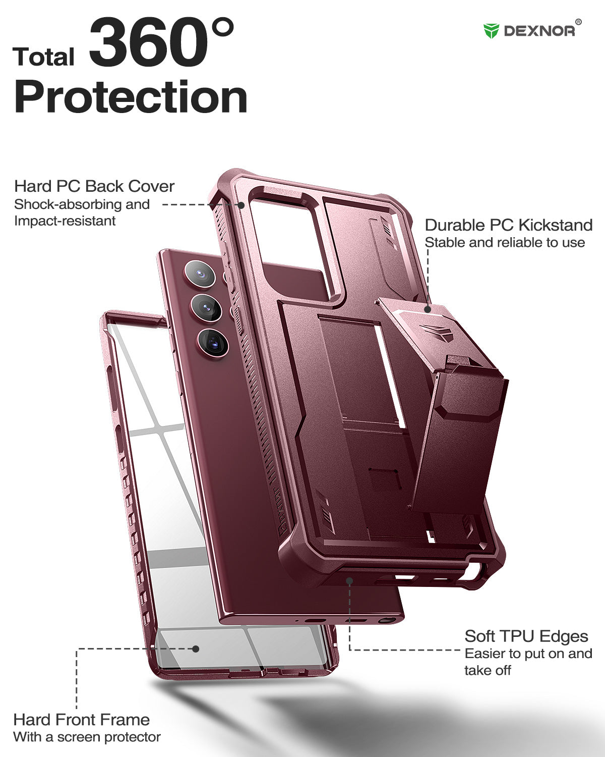 Dexnor Case for Samsung Galaxy S22 Ultra With Screen Protector Full Body Bumper Kickstand Heavy-duty Shockproof Rugged Cover.