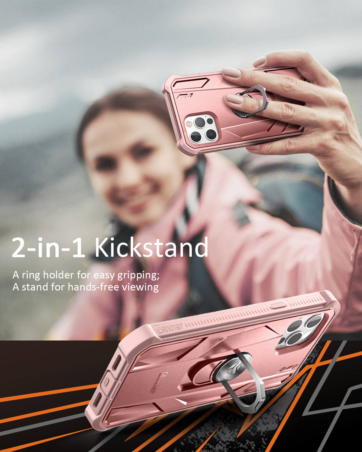 Dexnor Rugged Full Body Case for iPhone 12/12 Pro with Screen Protector & Ring Kickstand Car Mount, Slim Shockproof Protective Bumper Cover with Anti Dust Plugs.