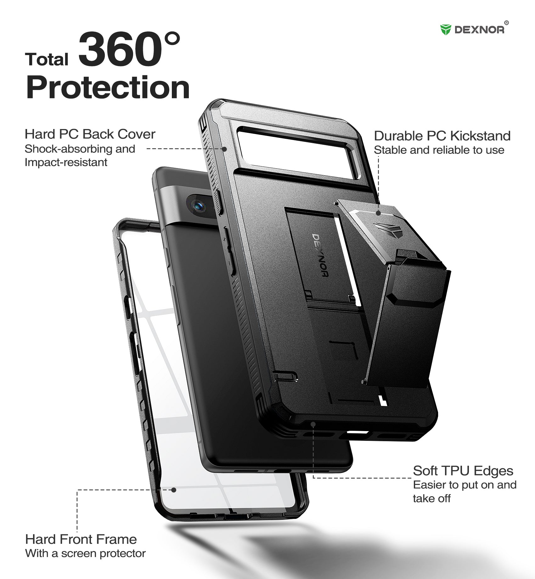 Dexnor Case for Google Pixel 7 With Screen Protector Full Body Bumper Kickstand Heavy-duty Shockproof Rugged Cover.