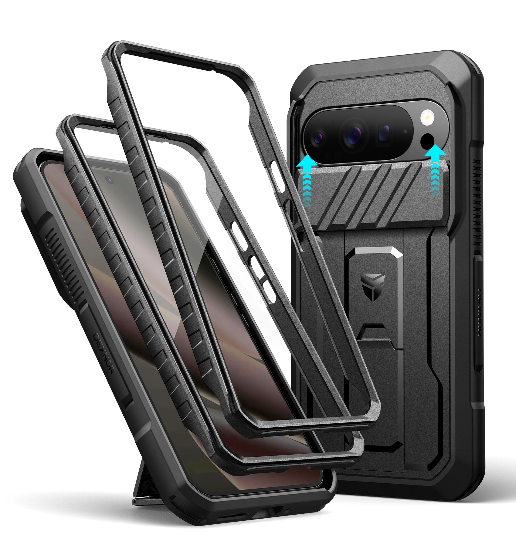 Dexnor For Google Pixel 10 Pro XL Case with Slide Camera Cover & 2 Front Frames & Built-in Screen Protector Black