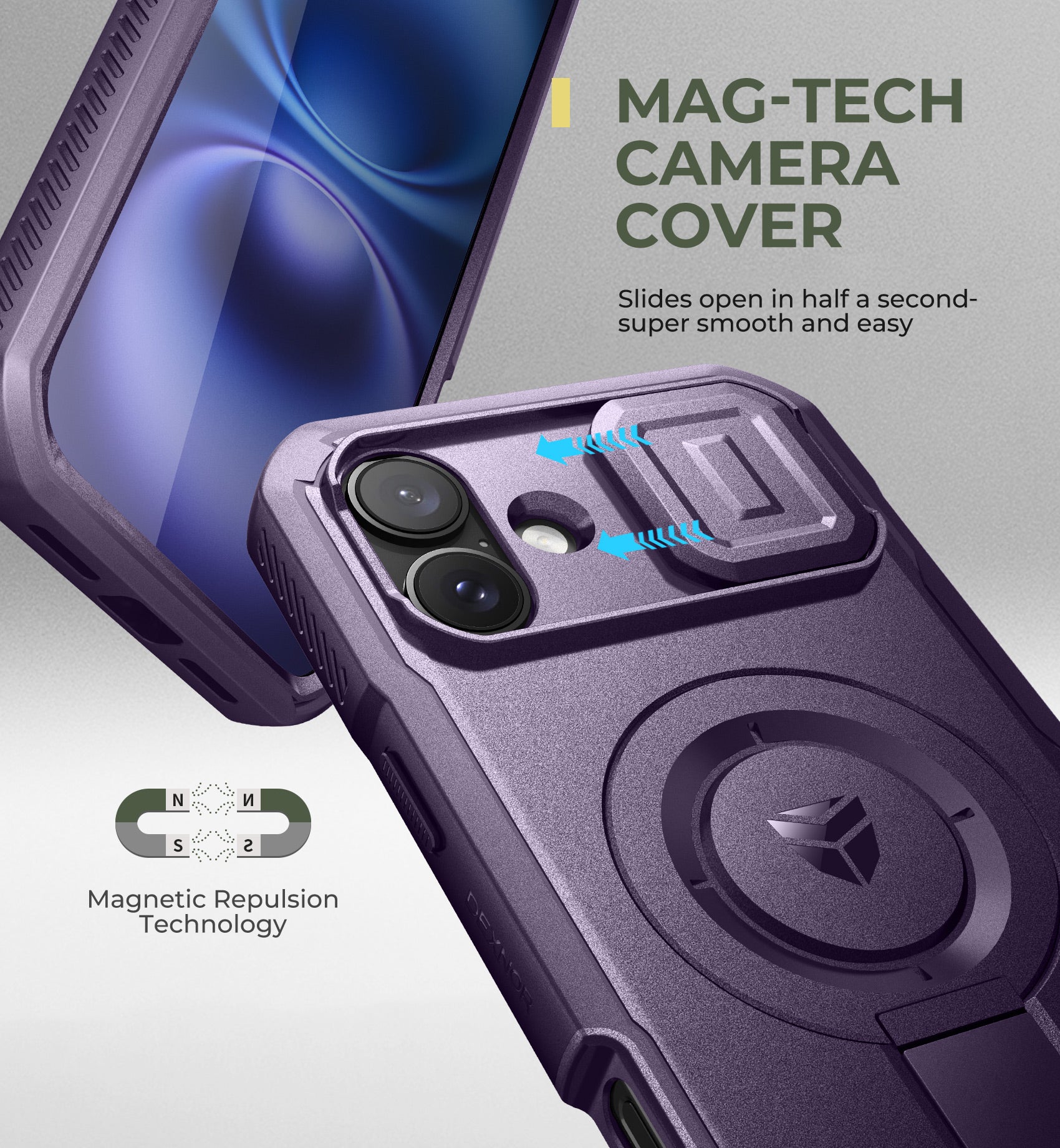 Dexnor Purple Case For iPhone 16 Plus With Slide Camera Cover MagSafe Heavy-duty Shockproof Full Body Built-in Screen Protector Adjustable Kickstand