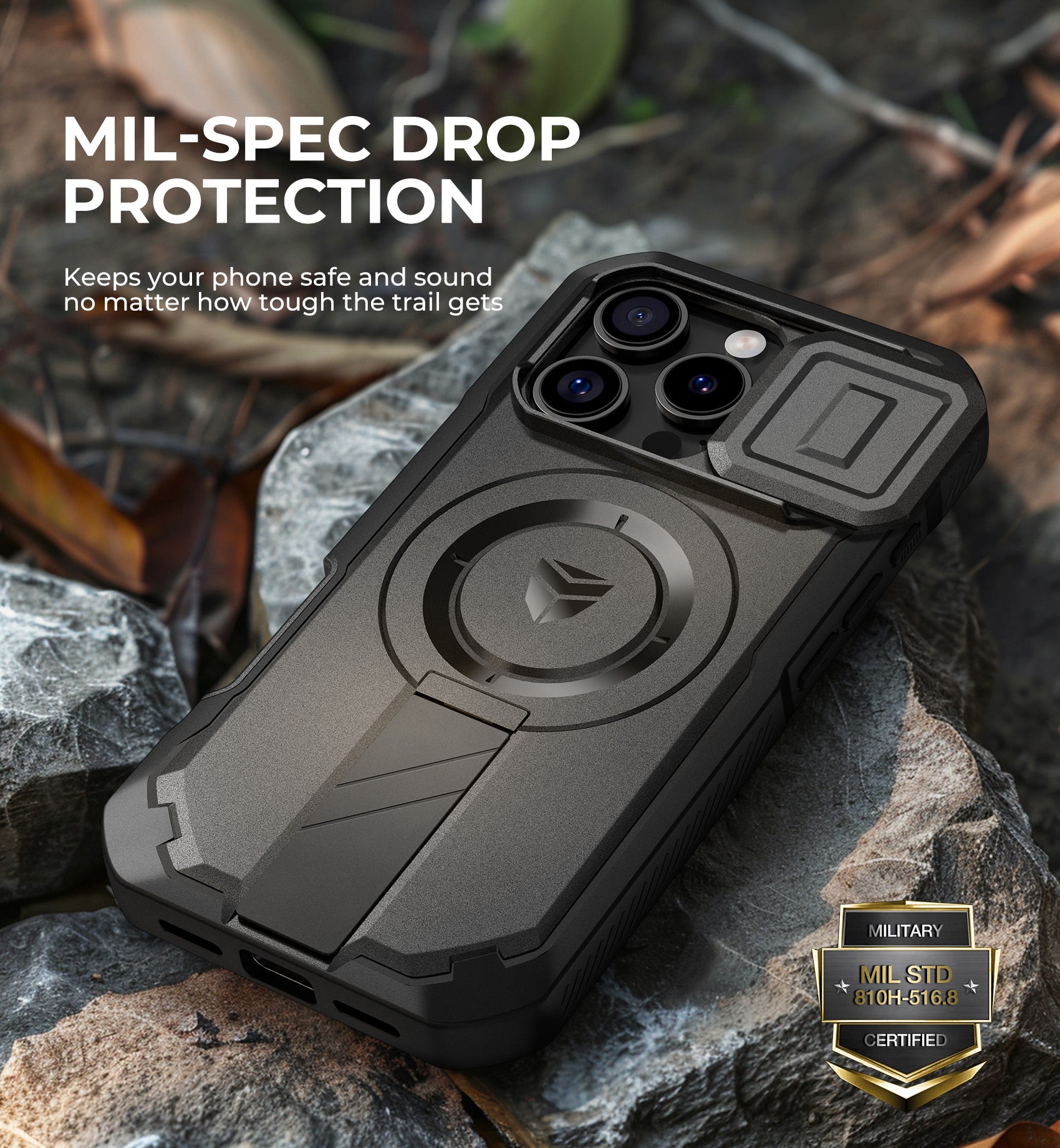 Dexnor Black Case For iPhone 16 Pro With Slide Camera Cover MagSafe Heavy-duty Shockproof Full Body Built-in Screen Protector Adjustable Kickstand