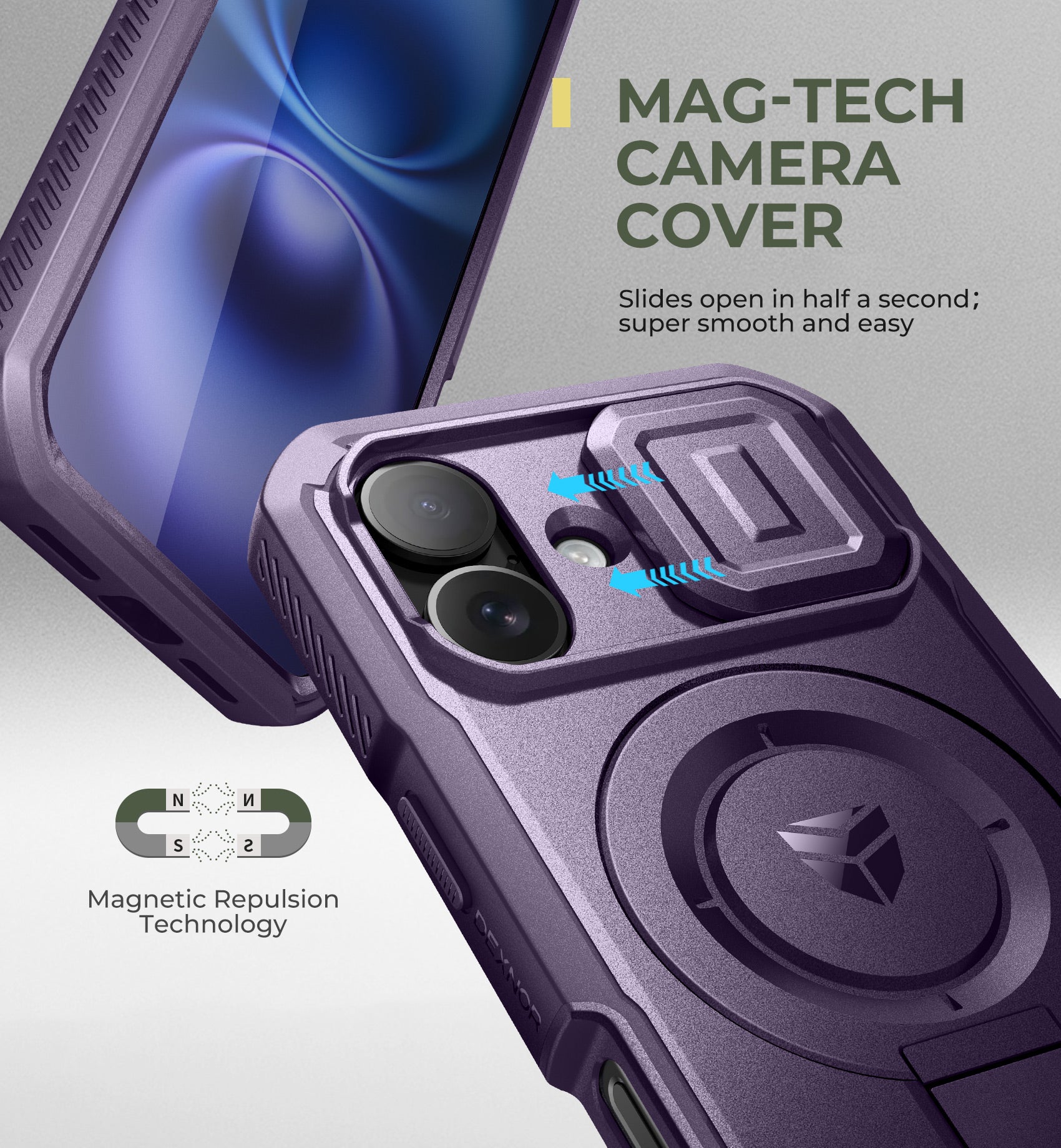Dexnor Purple Case For iPhone 16 With Slide Camera Cover MagSafe Heavy-duty Shockproof Full Body Built-in Screen Protector Adjustable Kickstand