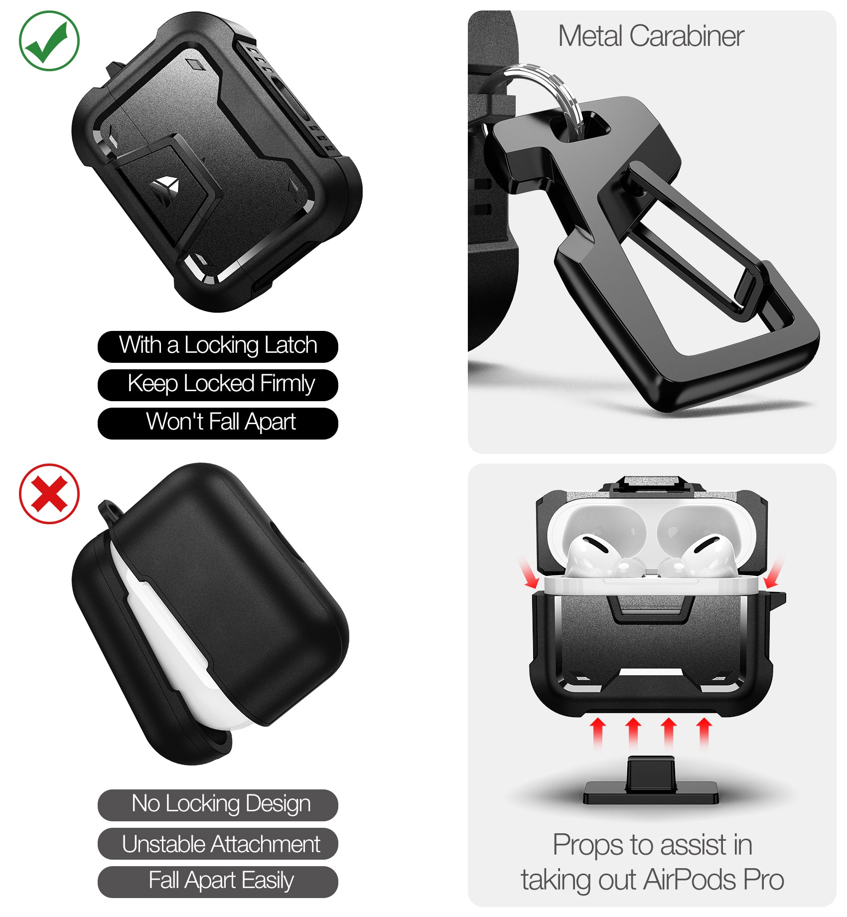 Dexnor Earphone Case for AirPods Pro 2019 with Secure Lock and Carabiner Full Body Bumper Shockproof Rugged Cover