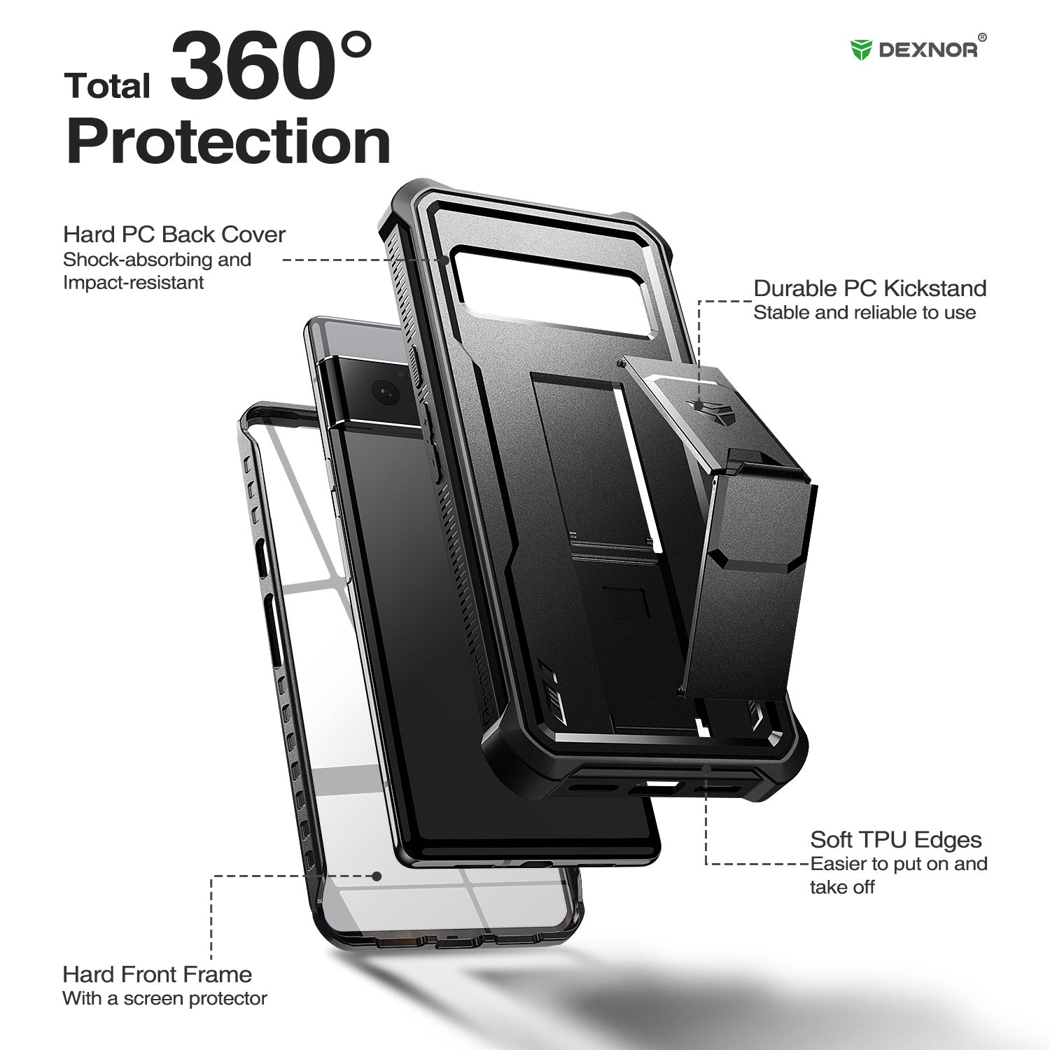 Dexnor Case for Google Pixel 6 Pro 5G With Screen Protector Full Body Bumper Kickstand Heavy-duty Shockproof Rugged Cover.