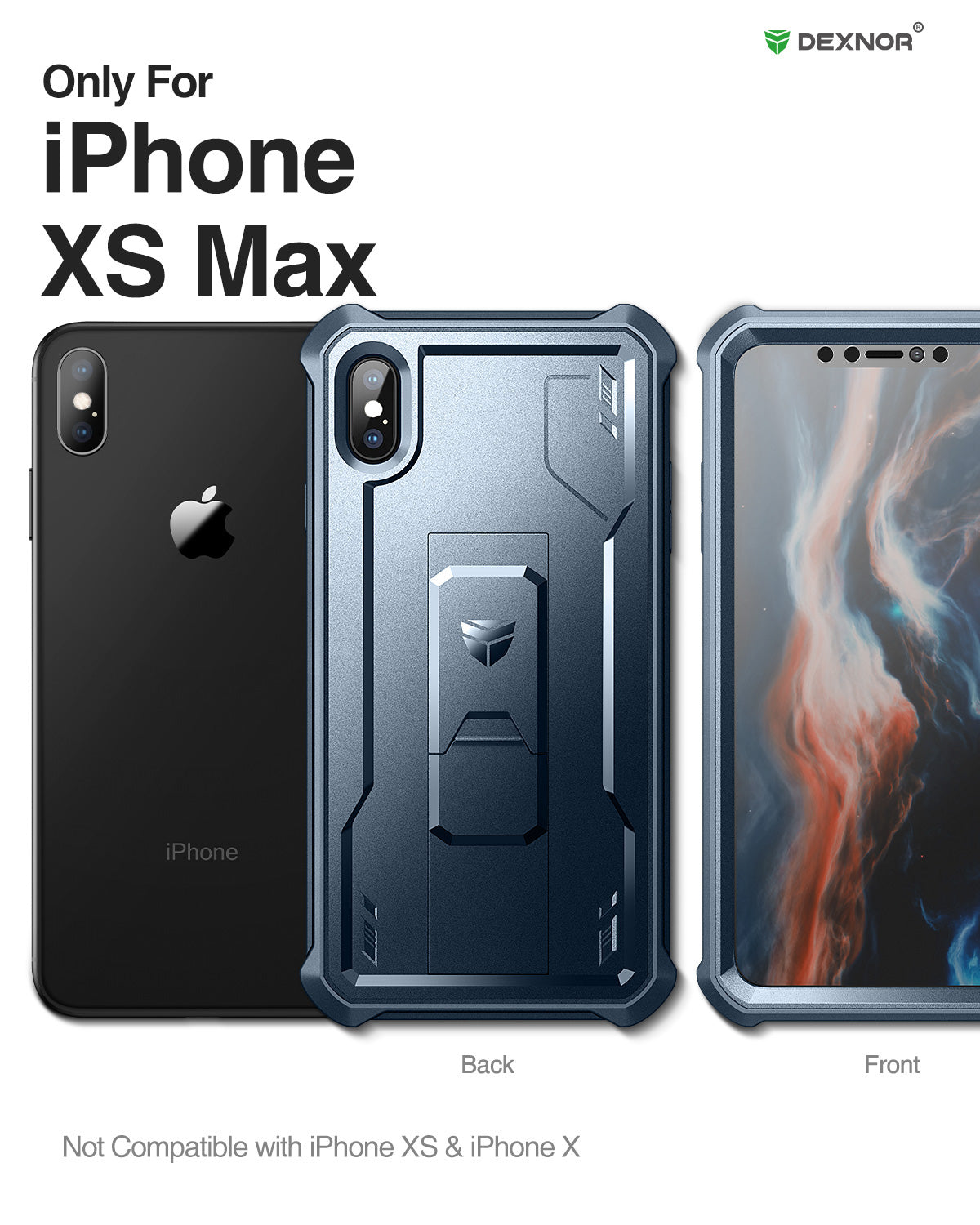 Dexnor Case for iPhone XS Max With Screen Protector Full Body Bumper Kickstand Heavy-duty Shockproof Rugged Cover.