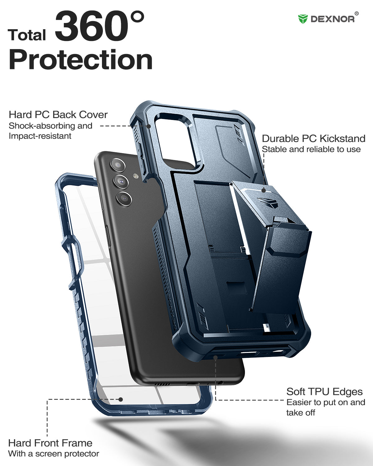 Dexnor Case for Samsung Galaxy A13 5G With Single Screen Protector Full Body Bumper Kickstand Heavy-duty Shockproof Rugged Cover.