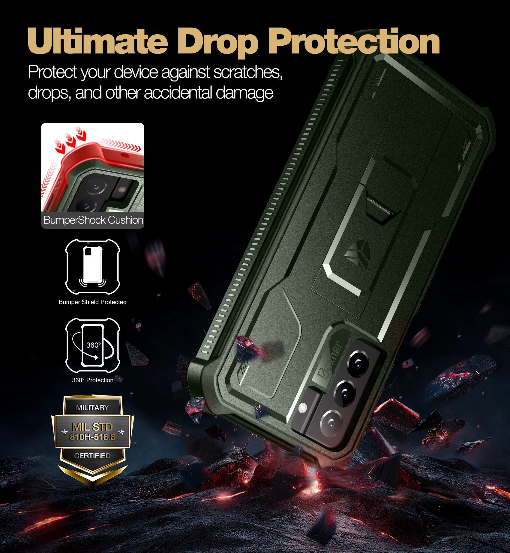 Dexnor Case for Samsung Galaxy S21 FE With Single Screen Protector Full Body Bumper Kickstand Heavy-duty Shockproof Rugged Cover.