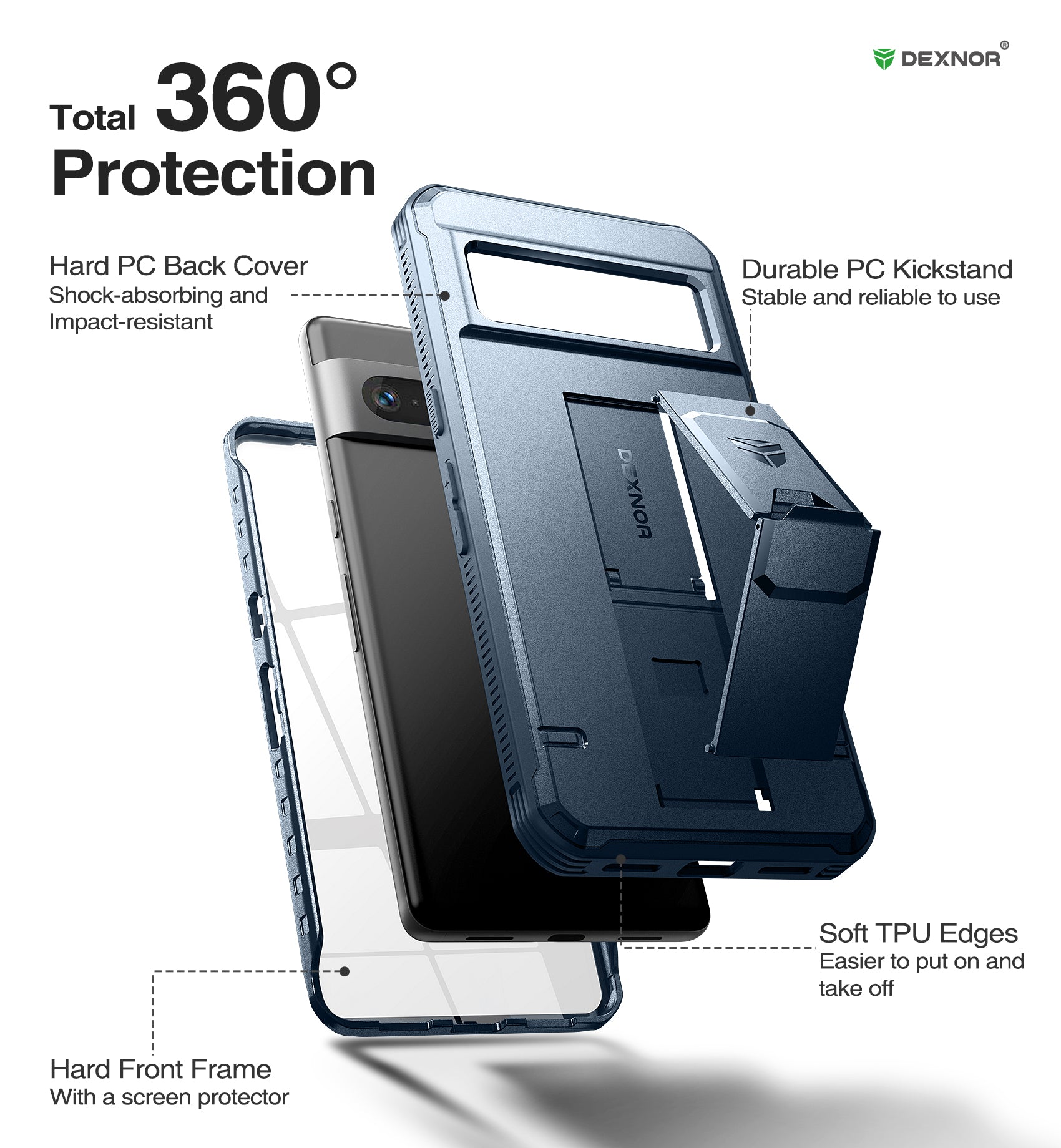 Dexnor Case for Google Pixel 7 Pro With Screen Protector Full Body Bumper Kickstand Heavy-duty Shockproof Rugged Cover.
