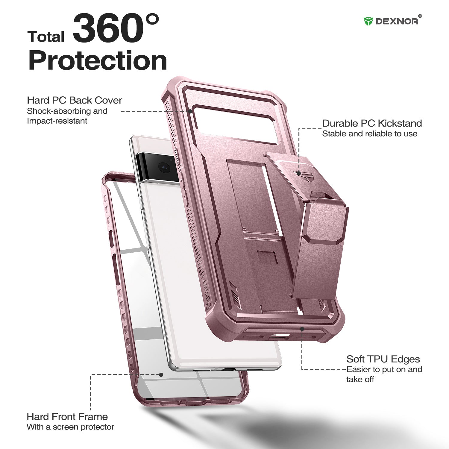 Dexnor Case for Google Pixel 6 Pro 5G With Screen Protector Full Body Bumper Kickstand Heavy-duty Shockproof Rugged Cover.
