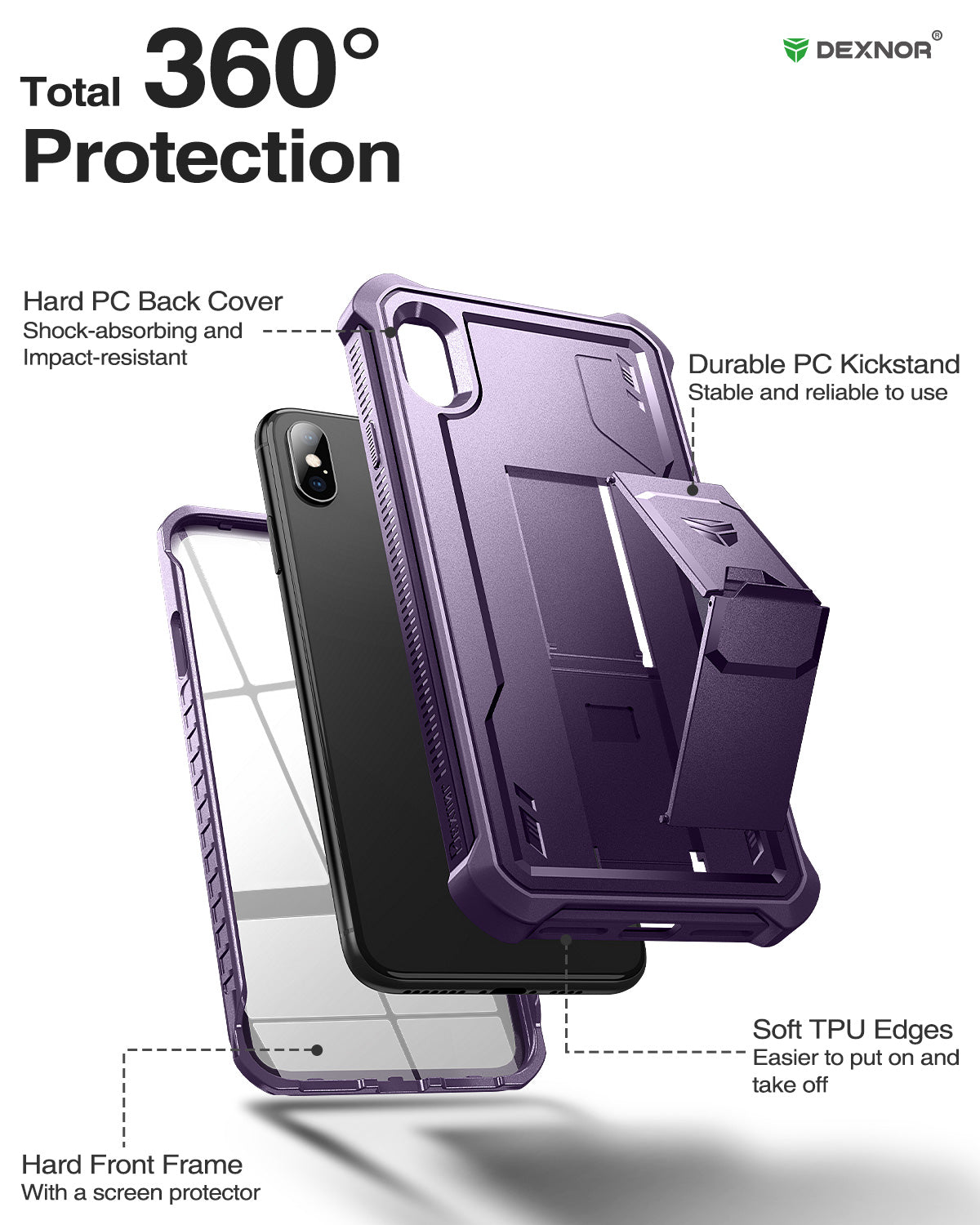 Dexnor Case for iPhone XS Max With Screen Protector Full Body Bumper Kickstand Heavy-duty Shockproof Rugged Cover.