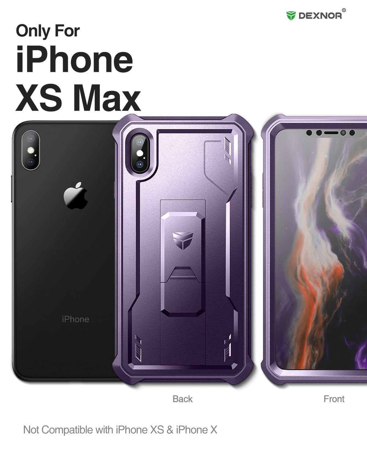 Dexnor Case for iPhone XS Max With Screen Protector Full Body Bumper Kickstand Heavy-duty Shockproof Rugged Cover.