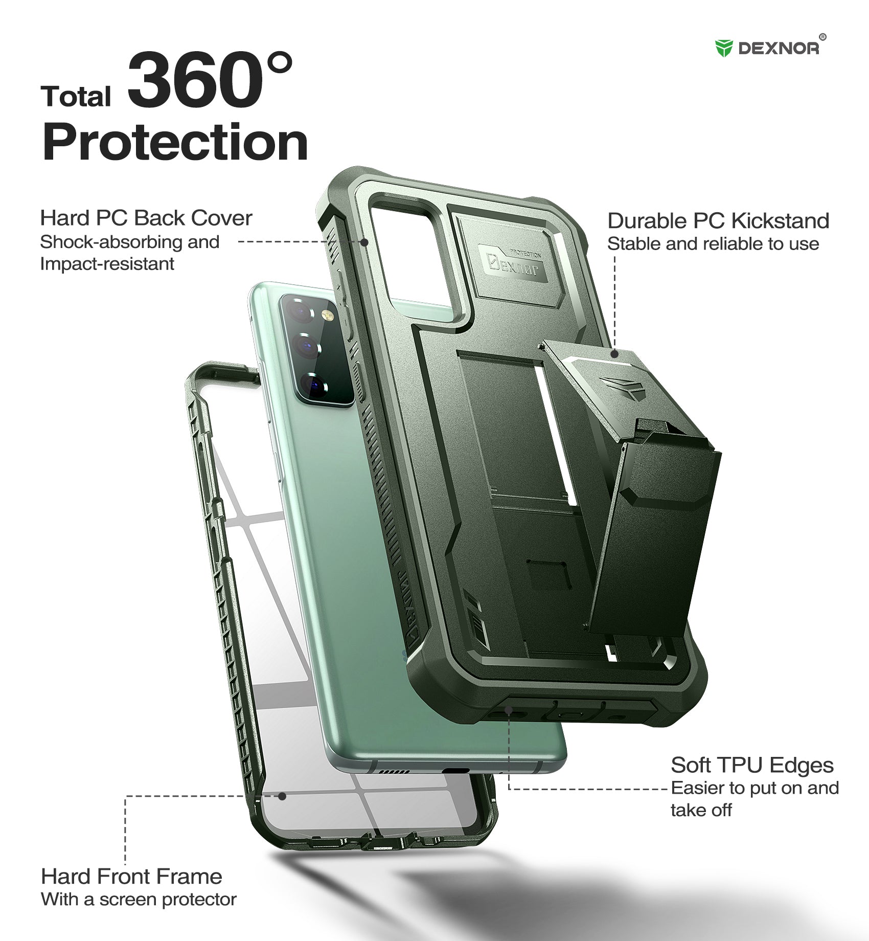 Dexnor Case for Samsung Galaxy S20 FE With Single Screen Protector Full Body Bumper Kickstand Heavy-duty Shockproof Rugged Cover