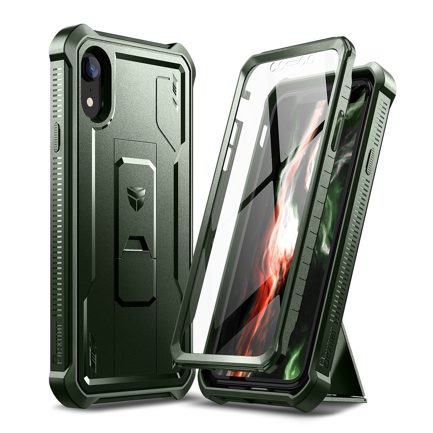 Dexnor Case for iPhone XR With Screen Protector Full Body Bumper Kickstand Heavy-duty Shockproof Rugged Cover.