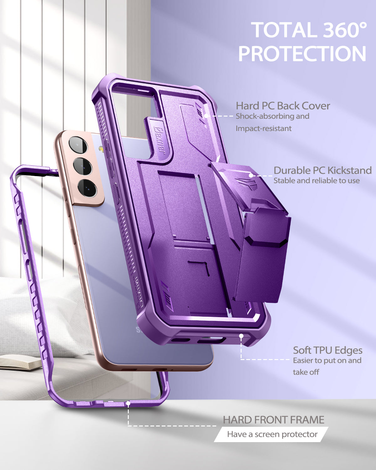 Dexnor Case for Samsung Galaxy S22 With Single Screen Protector Full Body Bumper Kickstand Heavy-duty Shockproof Rugged Cover.