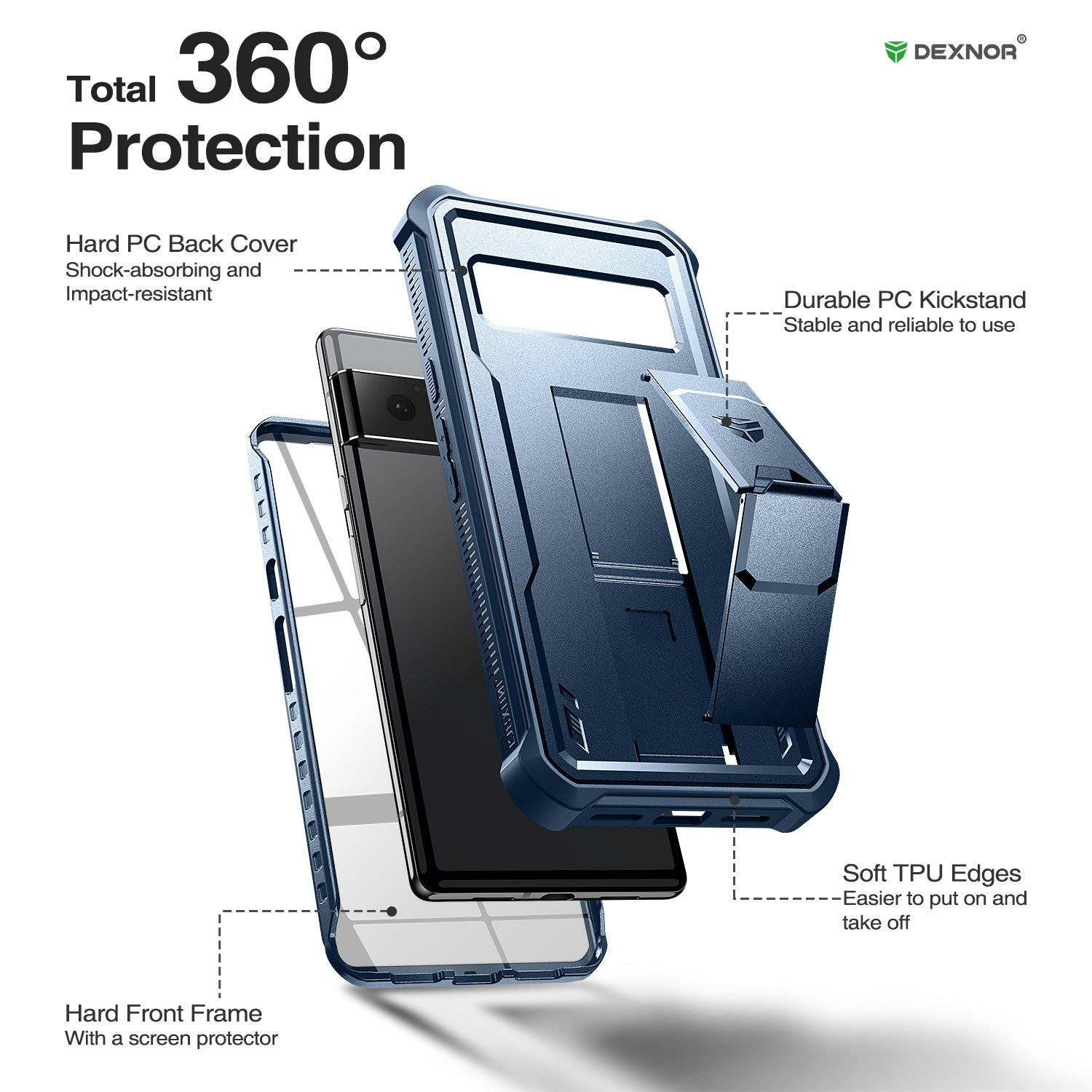 Dexnor Case for Google Pixel 6 Pro 5G With Screen Protector Full Body Bumper Kickstand Heavy-duty Shockproof Rugged Cover.