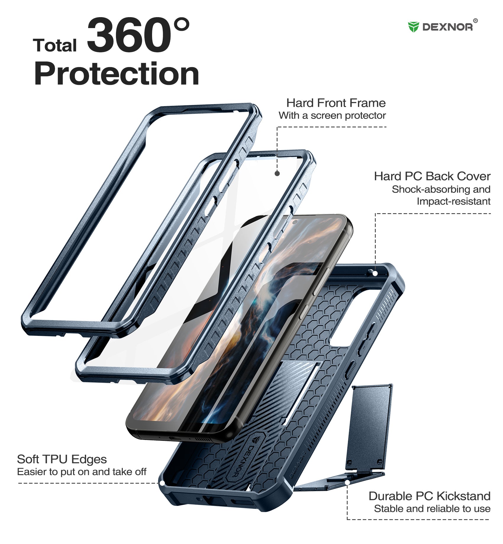 Dexnor Case for Samsung Galaxy A54 5G With Screen Protector Full Body Bumper Kickstand Heavy-duty Shockproof Rugged Cover.