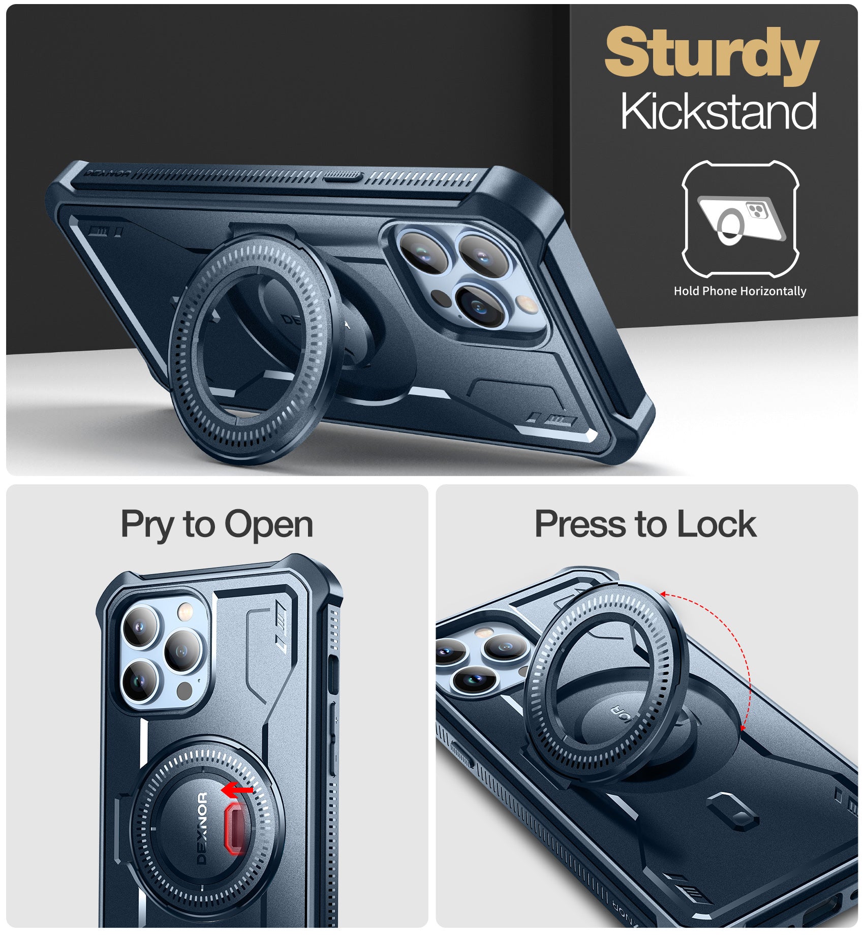 Dexnor for iphone 13 Pro Max Case With Heavy-duty Shockproof Full Body Built-in Screen Protector Adjustable Kickstand