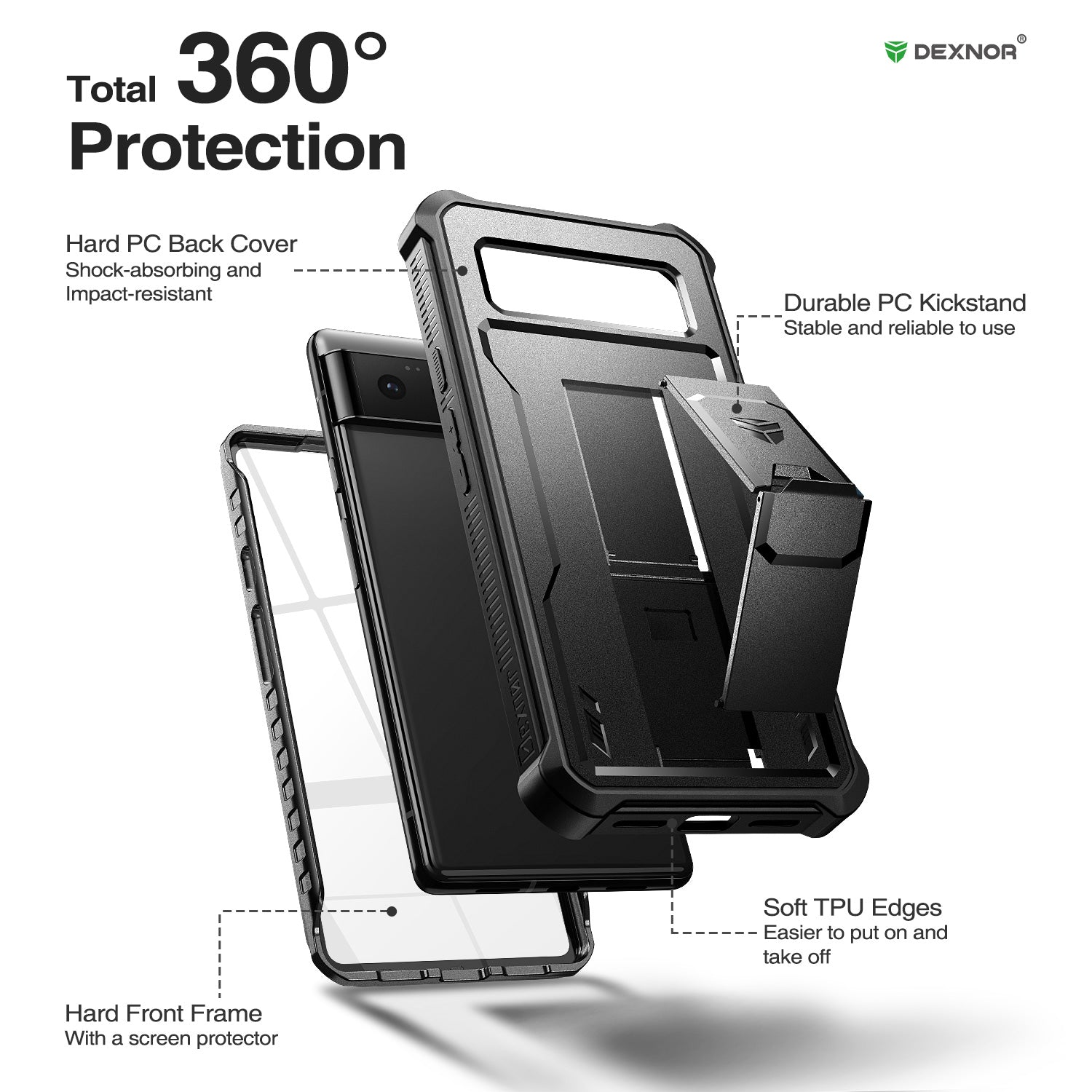 Dexnor Case for Google Pixel 6 With Screen Protector Full Body Bumper Kickstand Heavy-duty Shockproof Rugged Cover.
