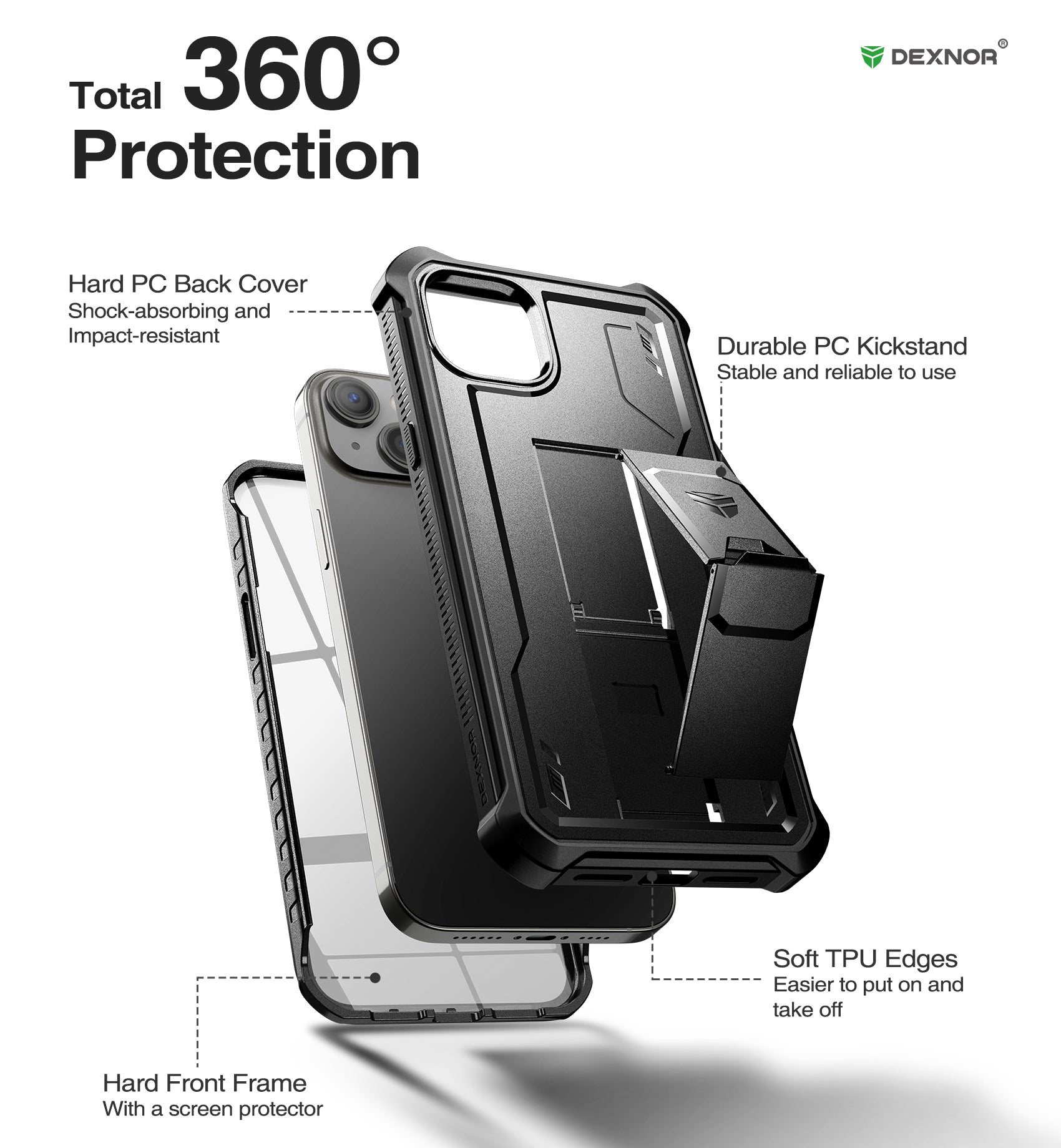 Dexnor for iphone 14 Plus Case With Heavy-duty Shockproof Full Body Built-in Screen Protector Adjustable Kickstand