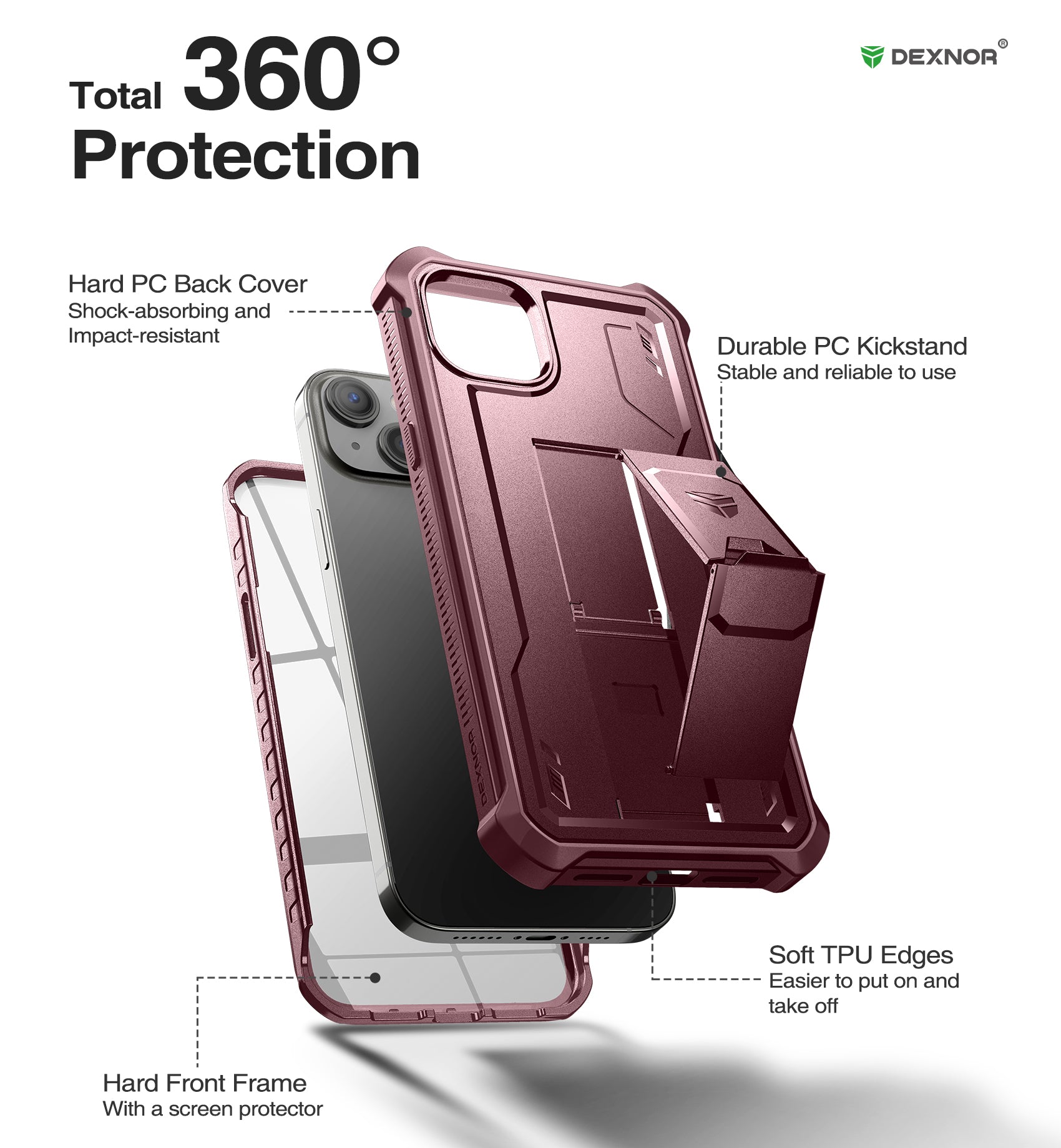 Dexnor for iphone 14 Plus Case With Heavy-duty Shockproof Full Body Built-in Screen Protector Adjustable Kickstand