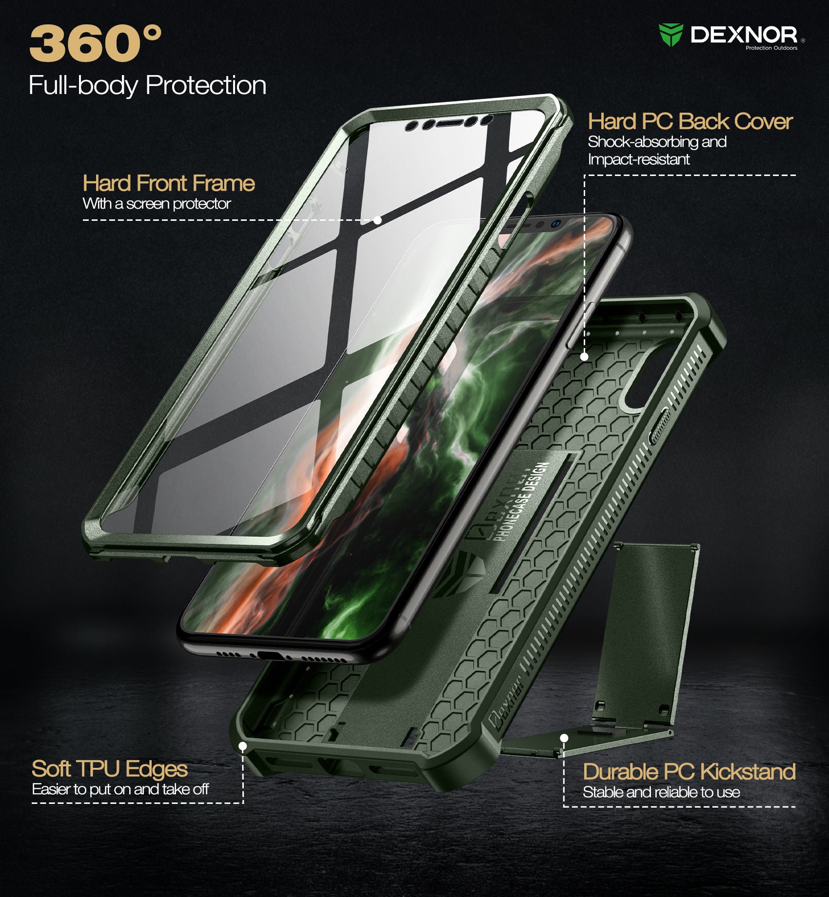 Dexnor Case for iPhone XS Max With Screen Protector Full Body Bumper Kickstand Heavy-duty Shockproof Rugged Cover.
