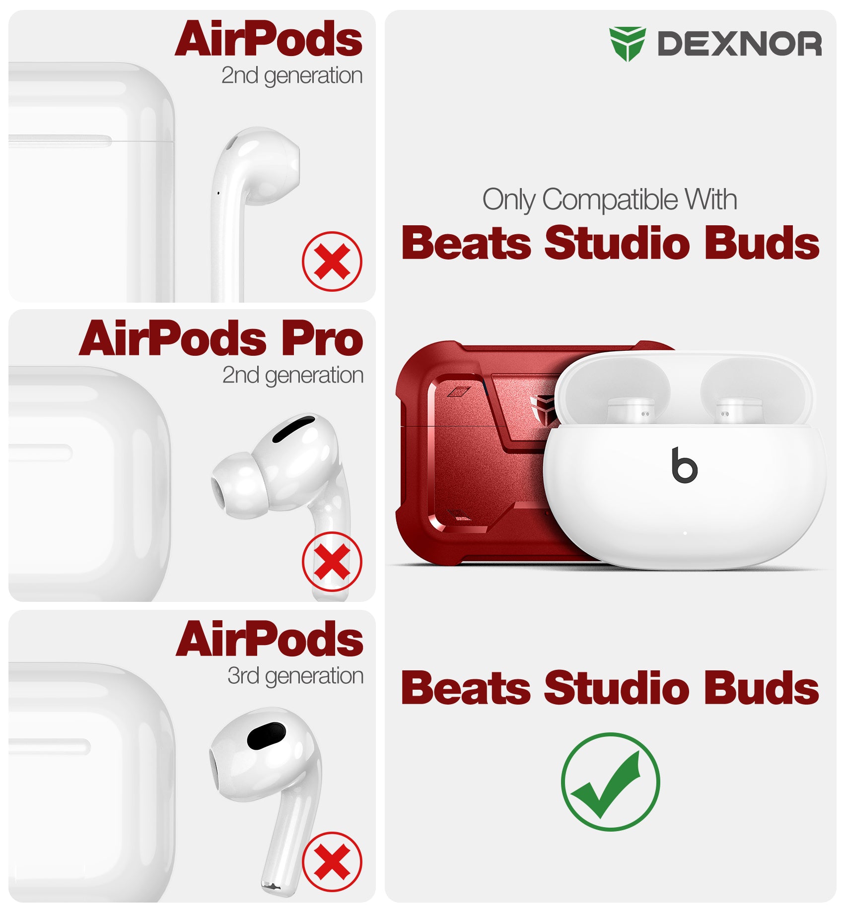 Dexnor Earphone Case for Beats Studio Buds 2021/Buds + 2023 with Secure Lock and Carabiner Full Body Bumper Shockproof Rugged Cover
