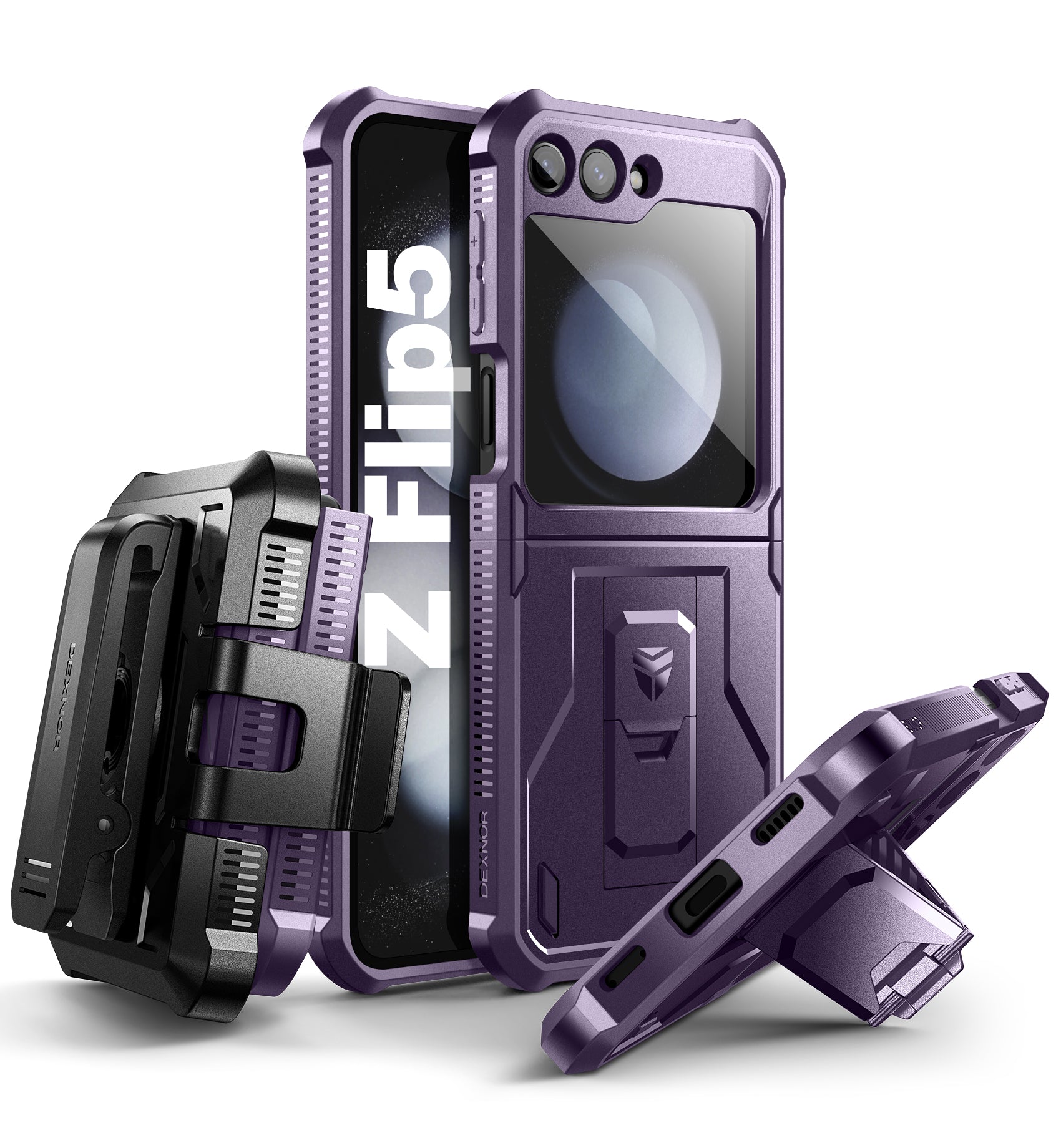 Dexnor Case for Samsung Galaxy Z Flip 5 Hinge Coverage With Screen Protector Full Body Bumper Kickstand Hinge Coverage Shockproof Rugged Cover