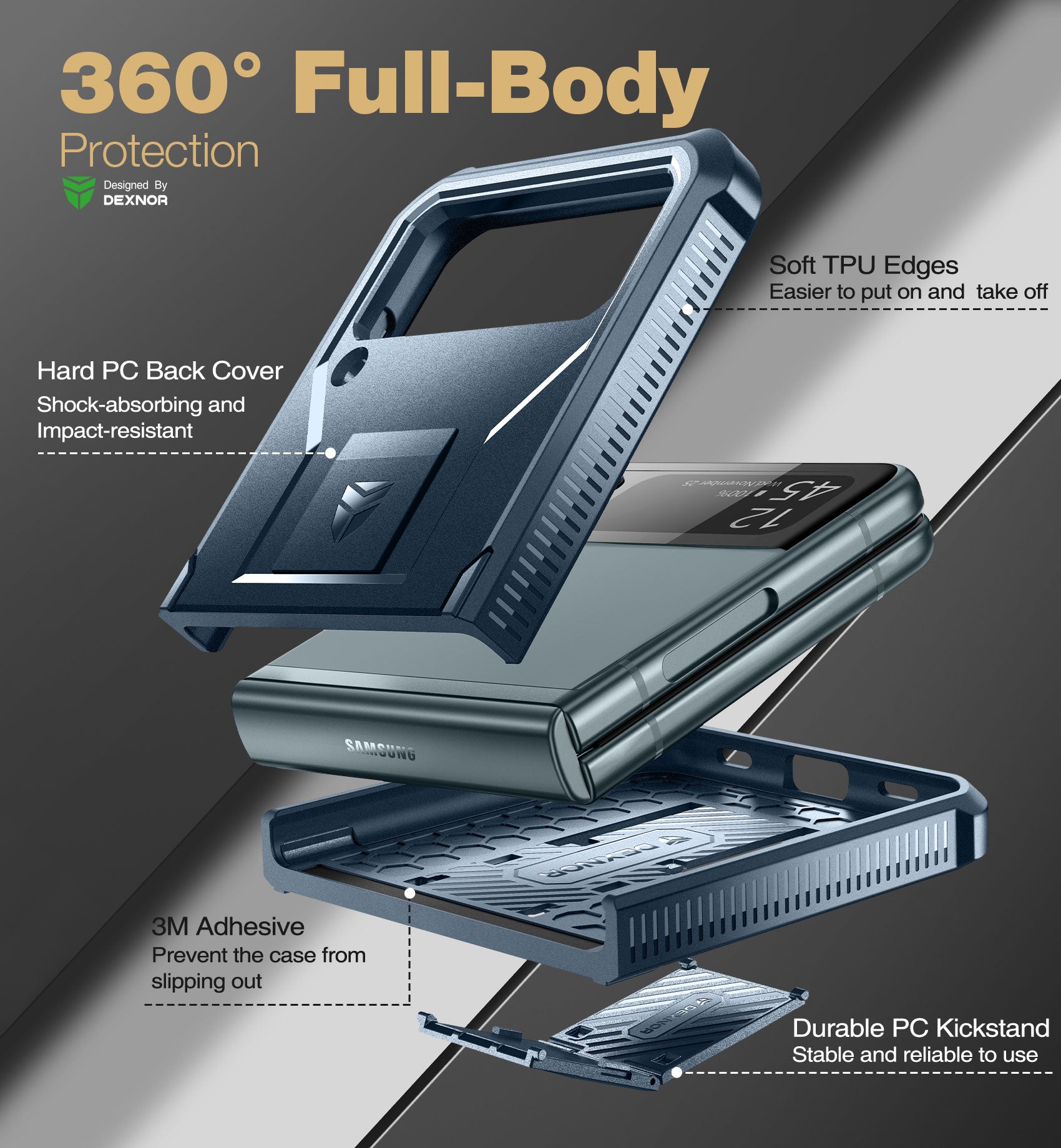 Dexnor Case for Samsung Galaxy Z Flip 3 Hinge Coverage With Screen Protector Full Body Bumper Kickstand Hinge Coverage Shockproof Rugged  Cover