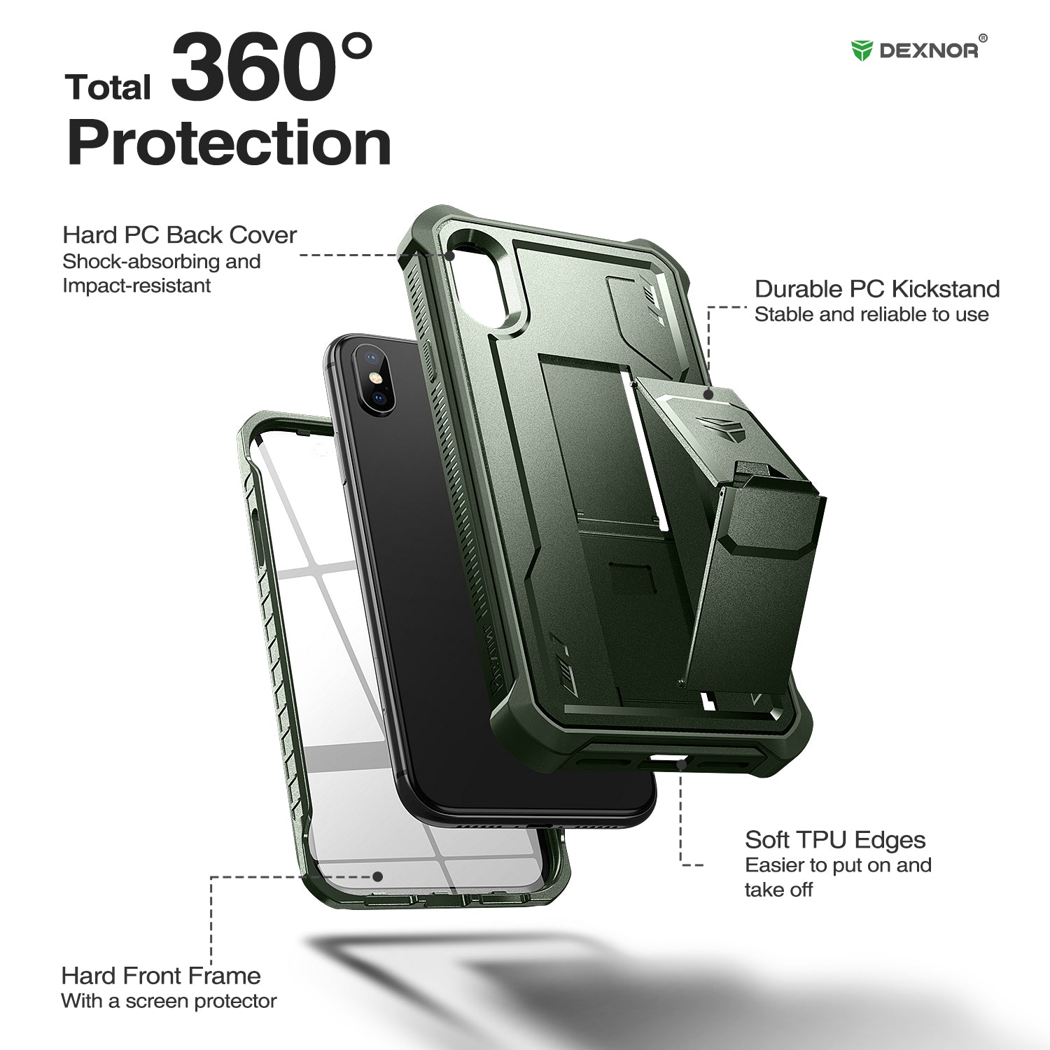 Dexnor Case for iPhone X/XS With Screen Protector Full Body Bumper Kickstand Heavy-duty Shockproof Rugged Cover.
