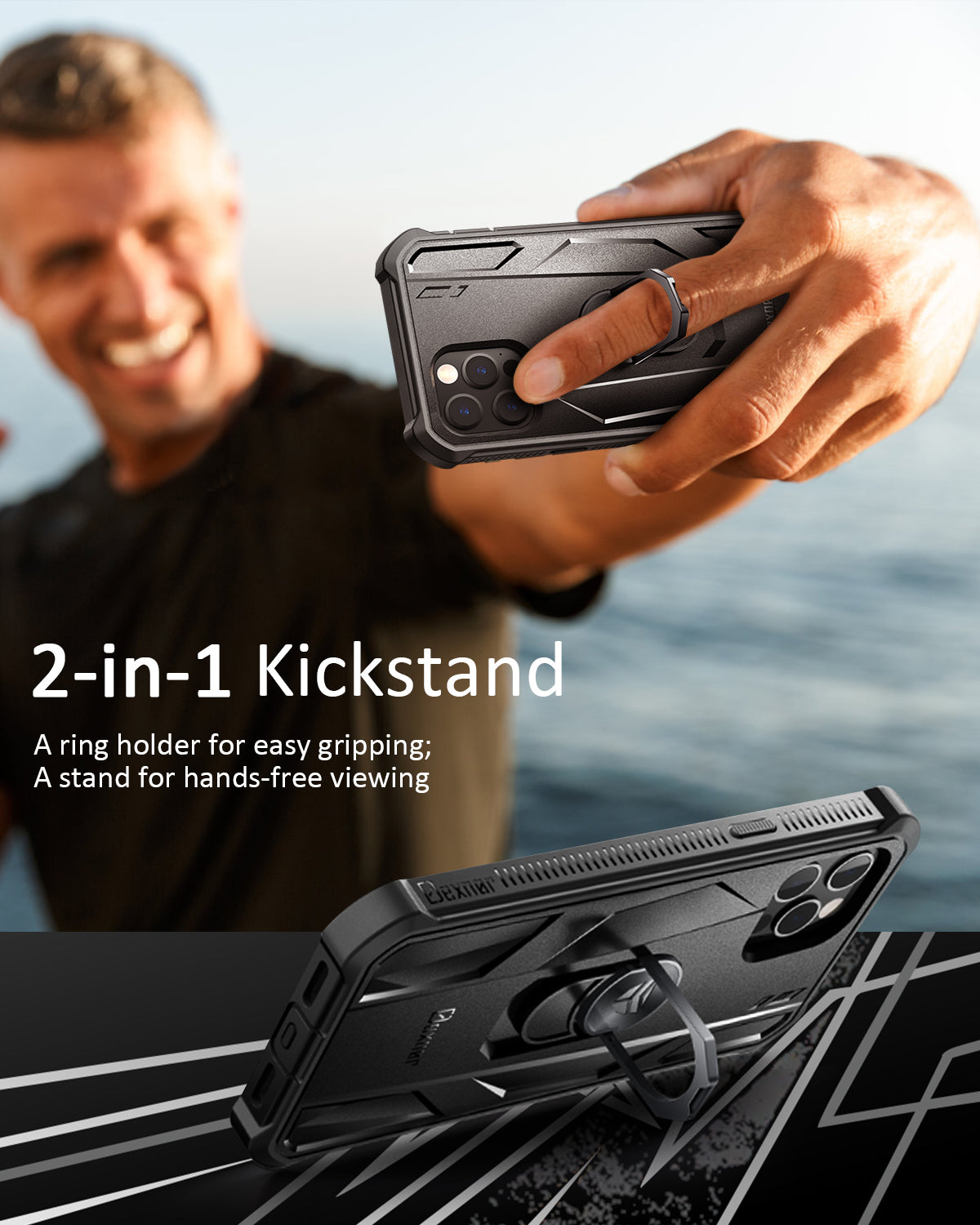 Dexnor Rugged Full Body Case for iPhone 12/12 Pro with Screen Protector & Ring Kickstand Car Mount, Slim Shockproof Protective Bumper Cover with Anti Dust Plugs.